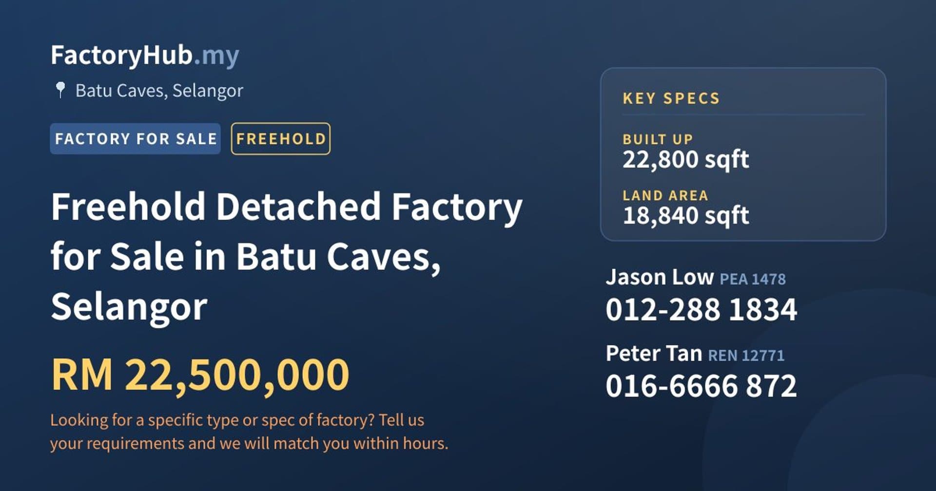 Freehold Detached Factory for Sale in Batu Caves, Selangor - Property image 1 of 2