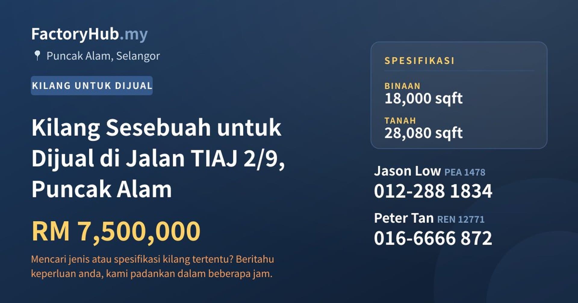 Kilang Sesebuah untuk Dijual di Jalan TIAJ 2/9, Puncak Alam · Imej hartanah 1/2