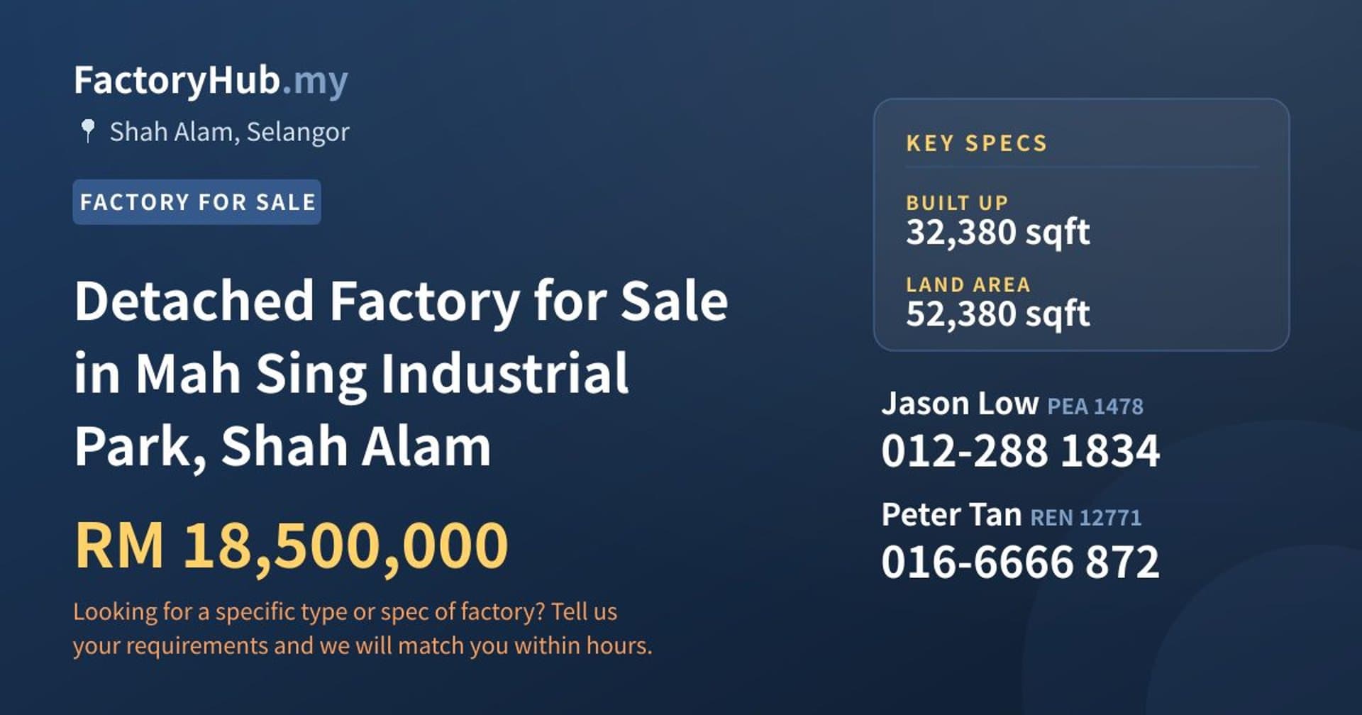 Detached Factory for Sale in Mah Sing Industrial Park, Shah Alam - Property image 1 of 2