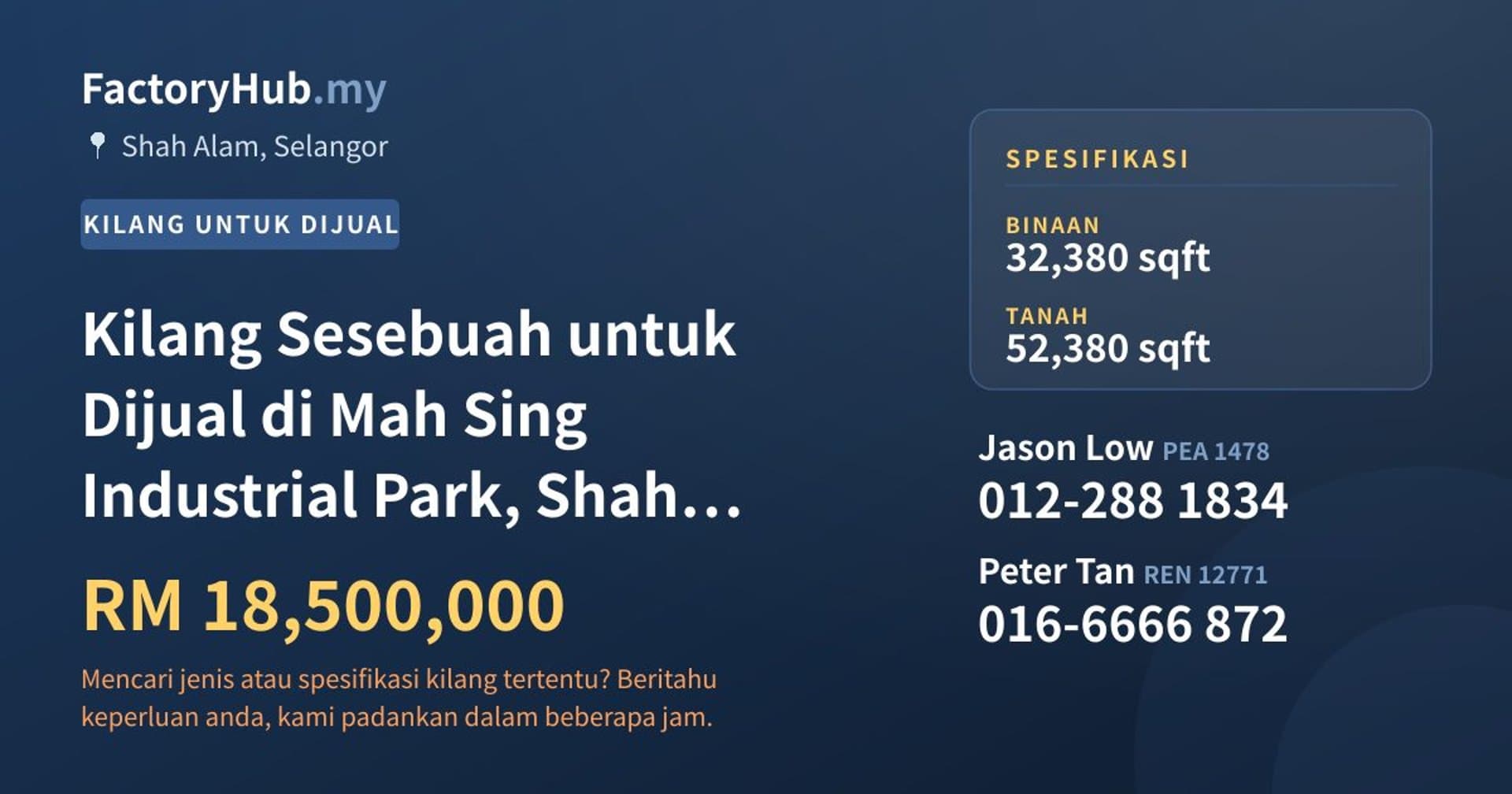 Kilang Sesebuah untuk Dijual di Mah Sing Industrial Park, Shah Alam · Imej hartanah 1/2