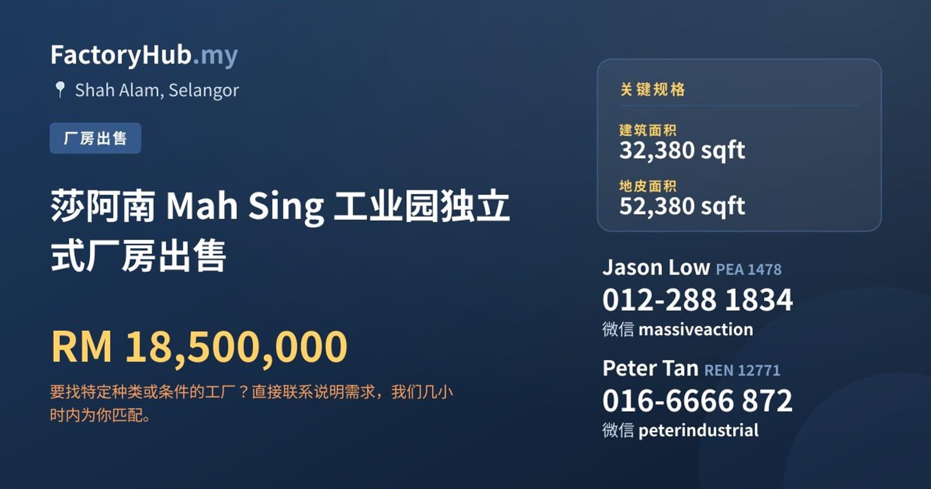 莎阿南 Mah Sing 工业园独立式厂房出售 · 房源图片 1/2