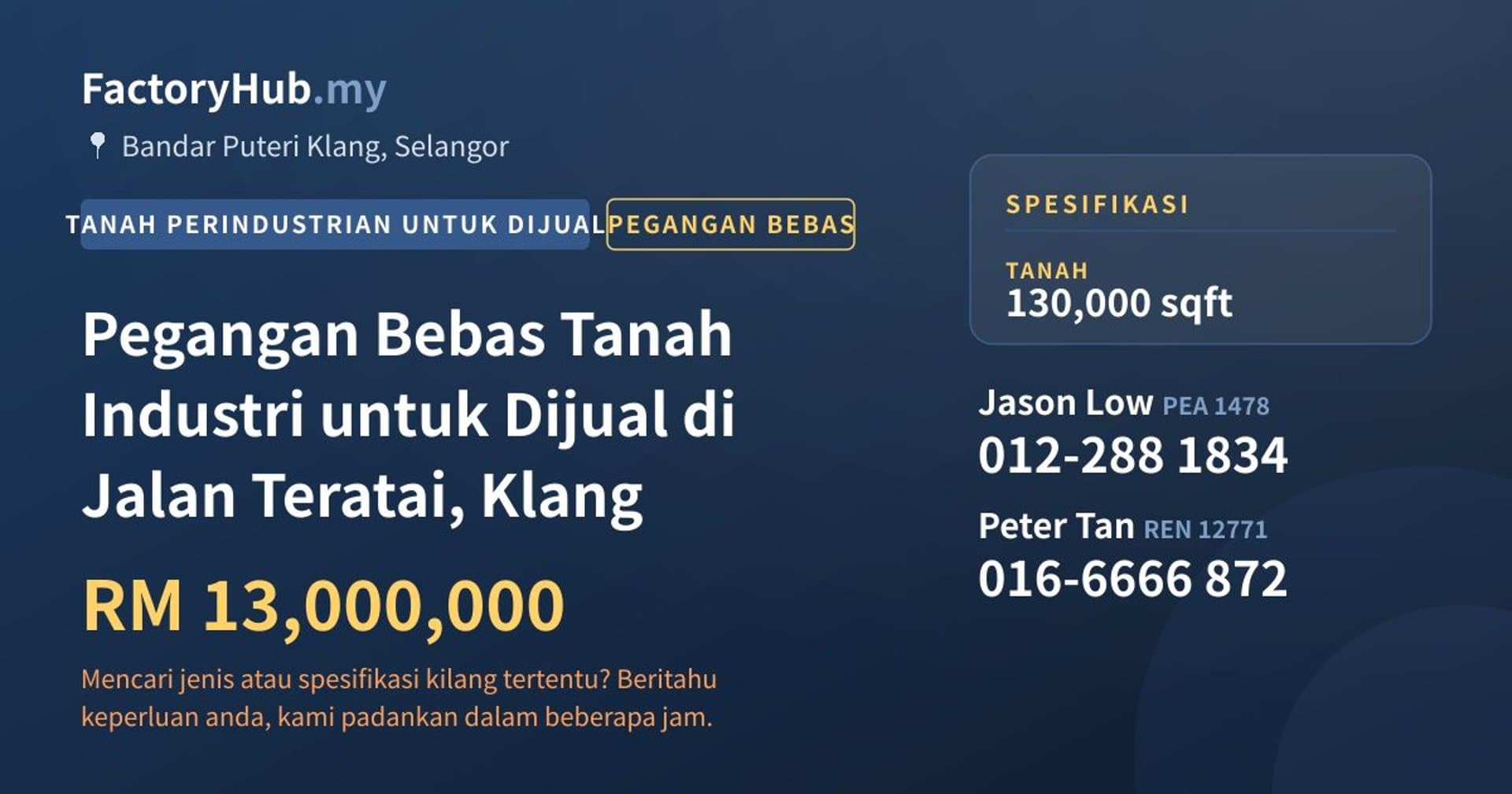 Pegangan Bebas Tanah Industri untuk Dijual di Jalan Teratai, Klang · Imej hartanah 1/2