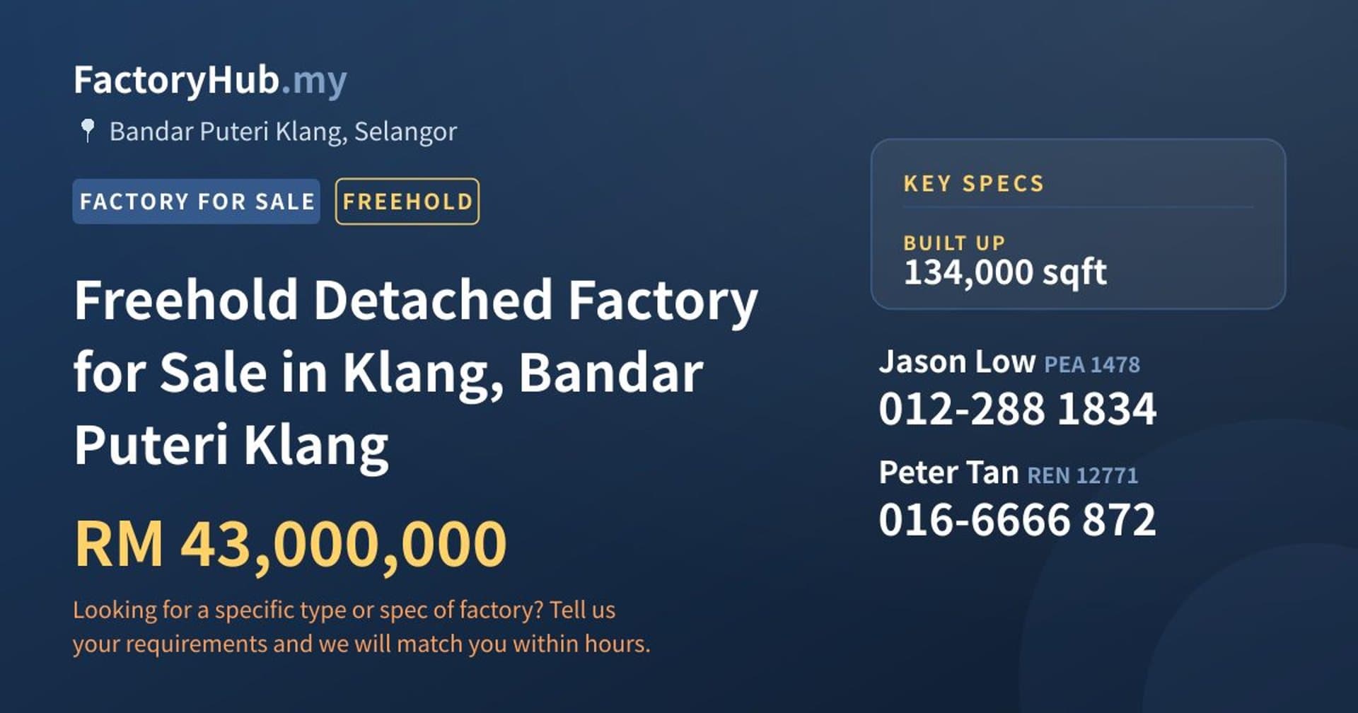 Freehold Detached Factory for Sale in Telok Panglima Garang, Selangor - Property image 1 of 2