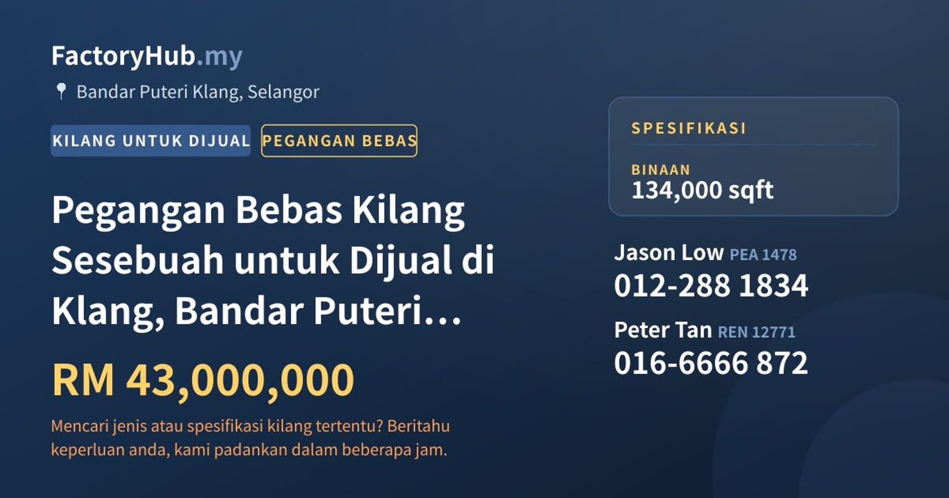 Pegangan Bebas Kilang Sesebuah untuk Dijual di Klang, Bandar Puteri Klang · Imej hartanah 1/2