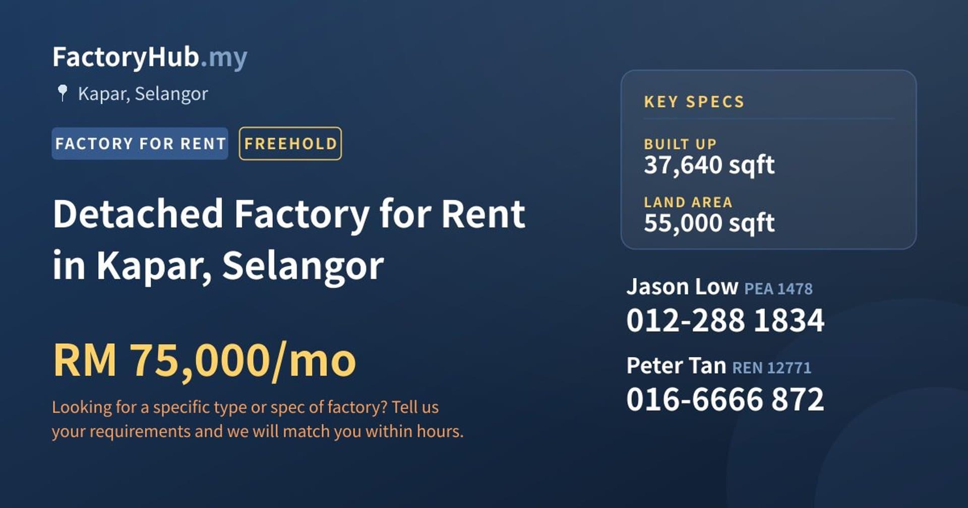 Detached Factory for Rent in Kapar, Selangor - Property image 1 of 2