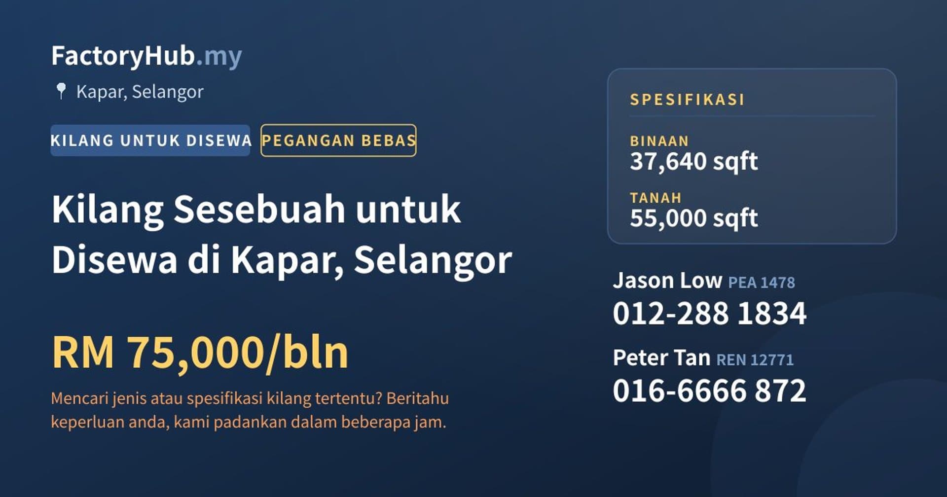 Kilang Sesebuah untuk Disewa di Kapar, Selangor · Imej hartanah 1/2