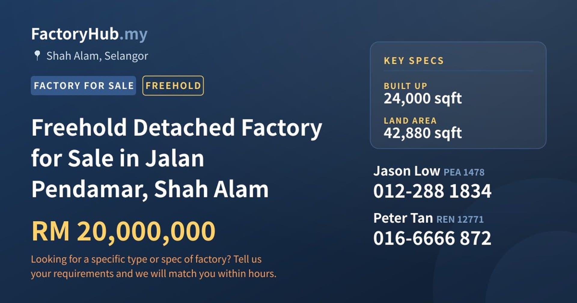 Freehold Detached Factory for Sale in Jalan Pendamar, Shah Alam - Property image 1 of 2