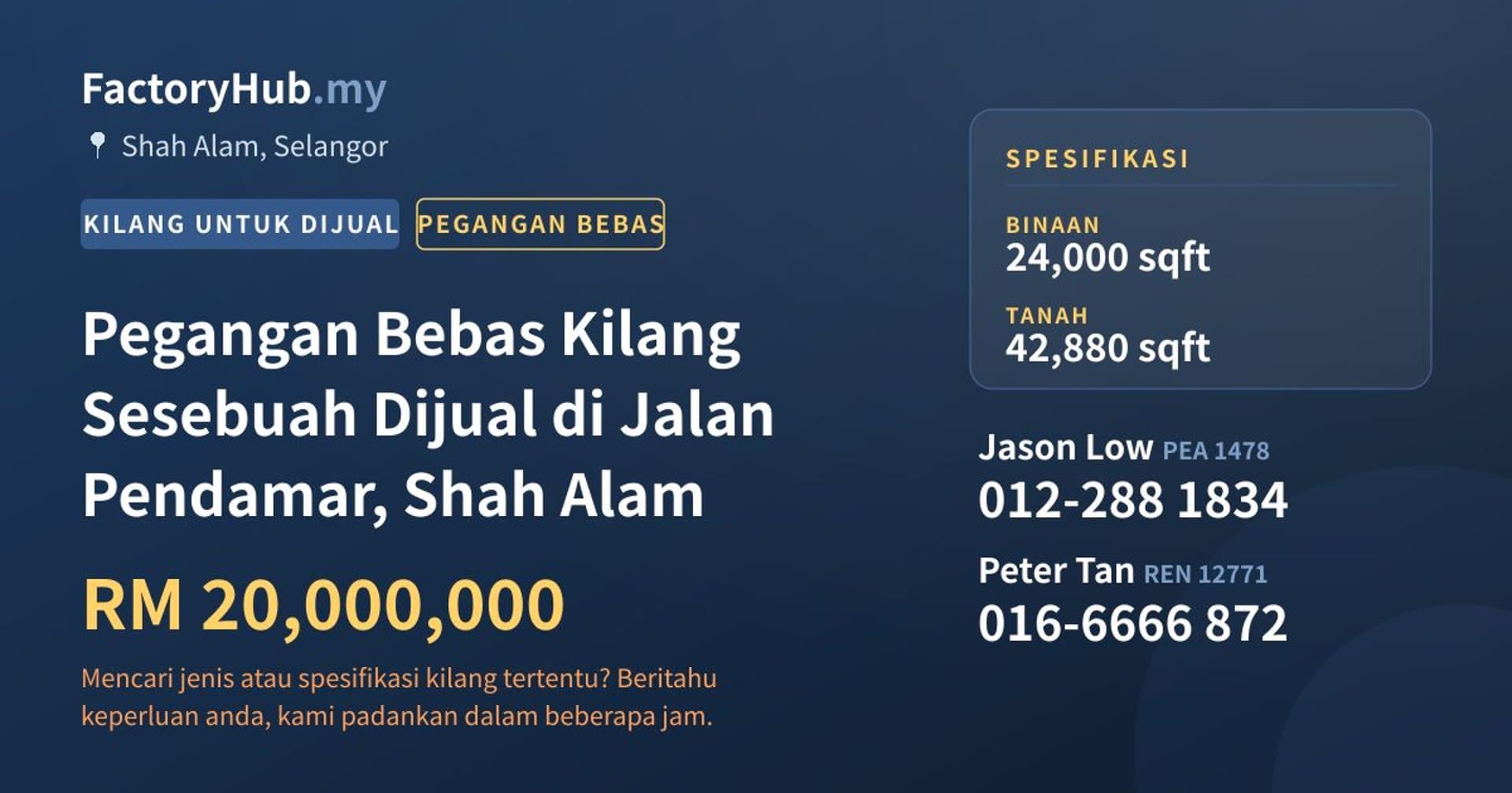 Pegangan Bebas Kilang Sesebuah Dijual di Jalan Pendamar, Shah Alam · Imej hartanah 1/2