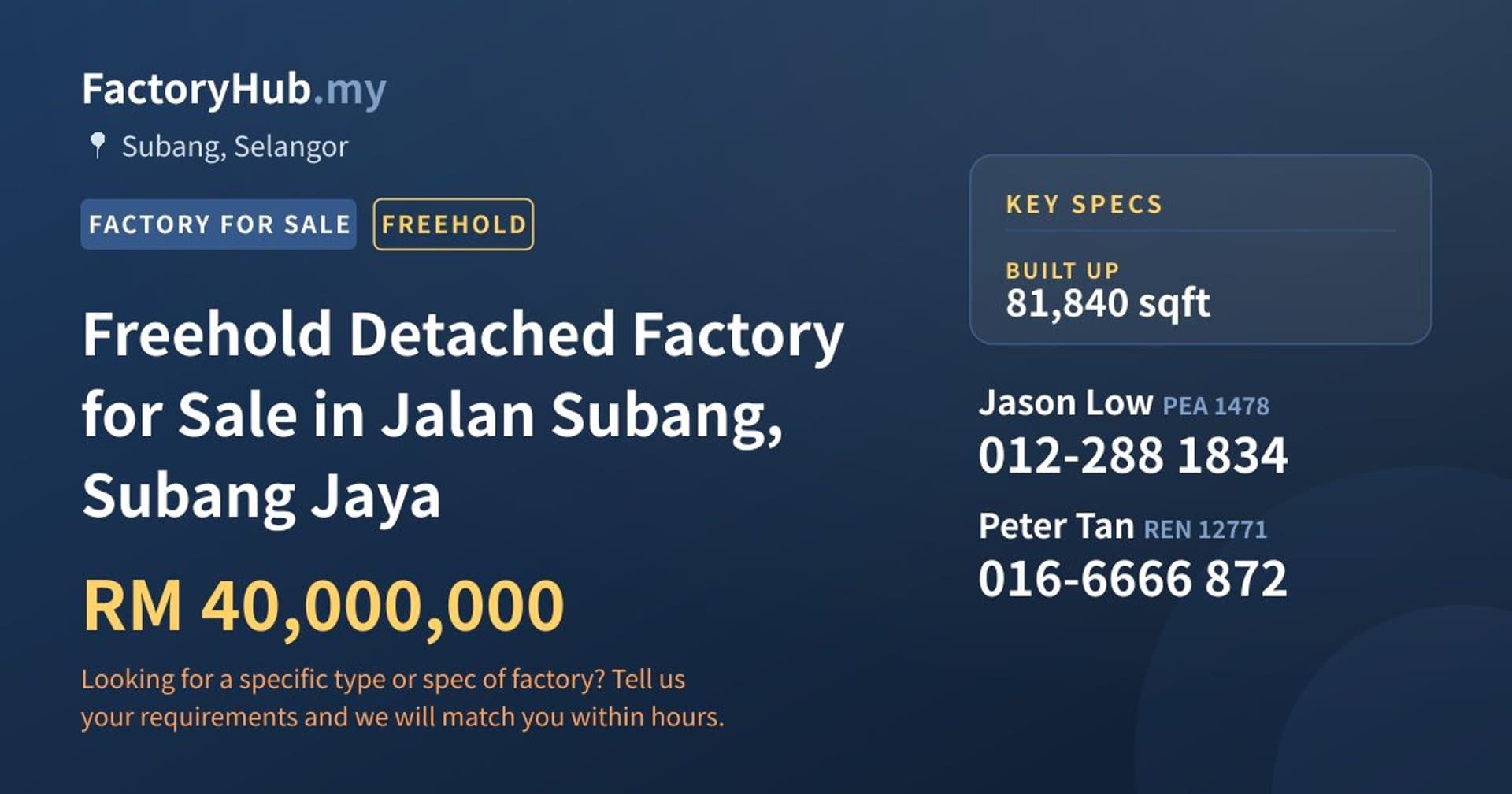 Freehold Detached Factory for Sale in Jalan Subang, Subang Jaya - Property image 1 of 2