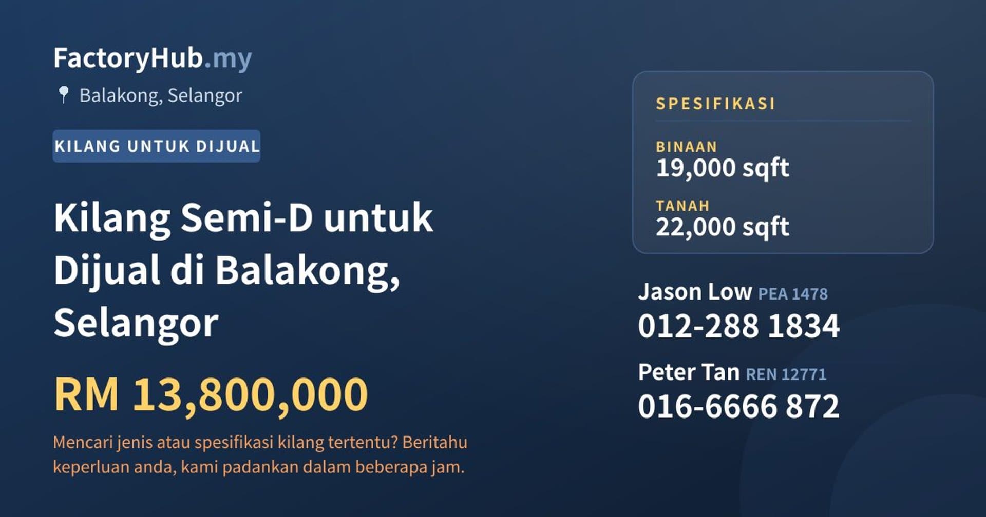 Kilang Semi-D untuk Dijual di Balakong, Selangor · Imej hartanah 1/2