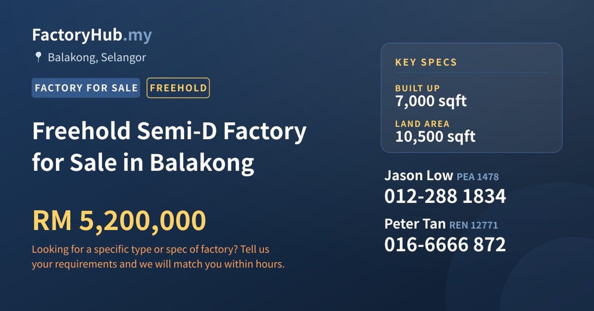Freehold Semi-D Factory for Sale in Balakong - Property image 1 of 2