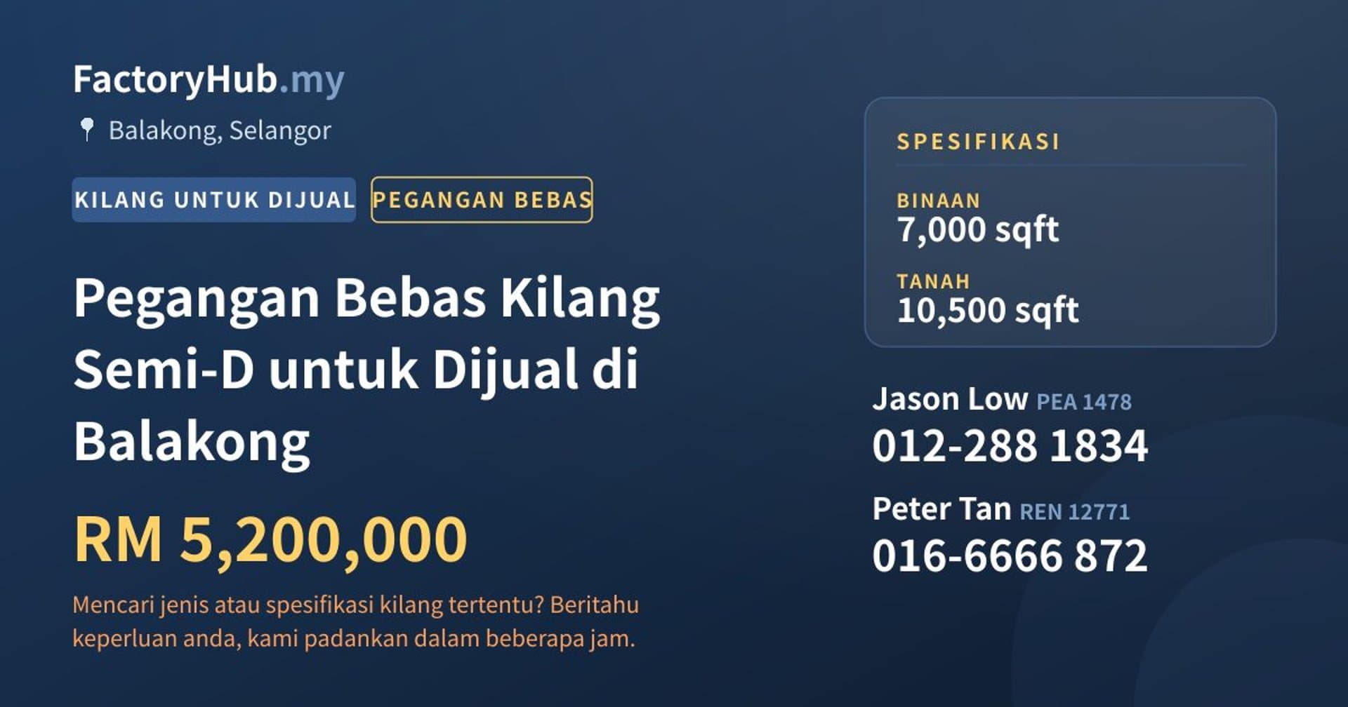 Pegangan Bebas Kilang Semi-D untuk Dijual di Balakong · Imej hartanah 1/2