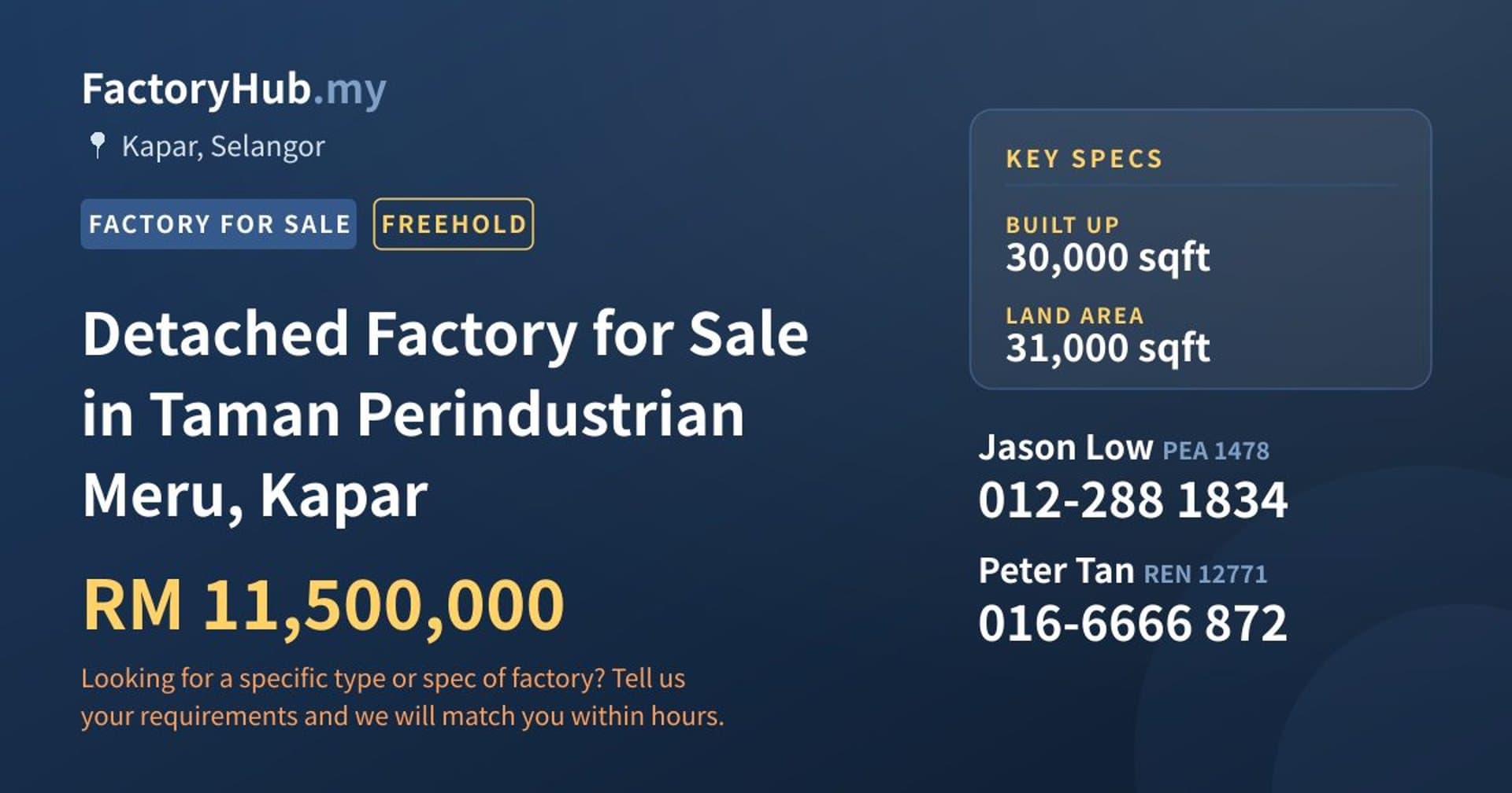 Detached Factory for Sale in Taman Perindustrian Meru, Kapar - Property image 1 of 2