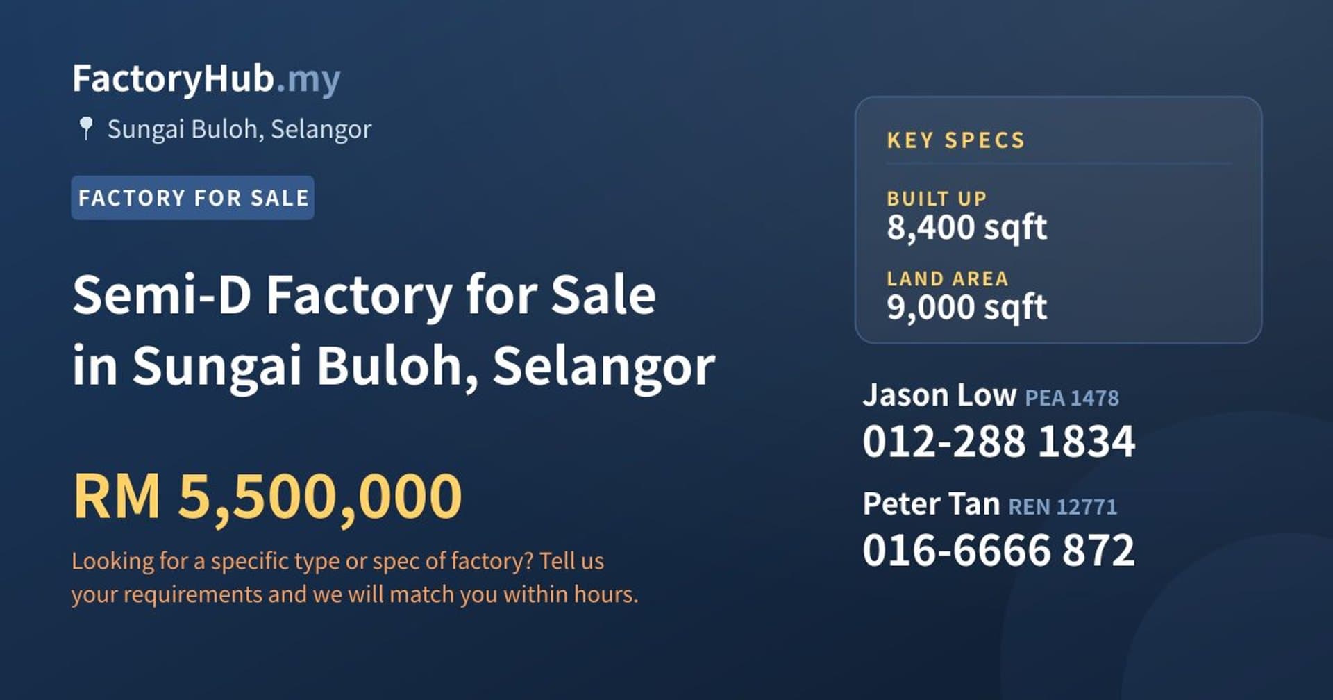Semi-D Factory for Sale in Sungai Buloh, Selangor - Property image 1 of 2