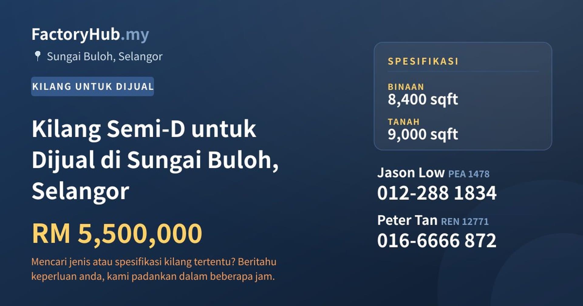Kilang Semi-D untuk Dijual di Sungai Buloh, Selangor · Imej hartanah 1/2