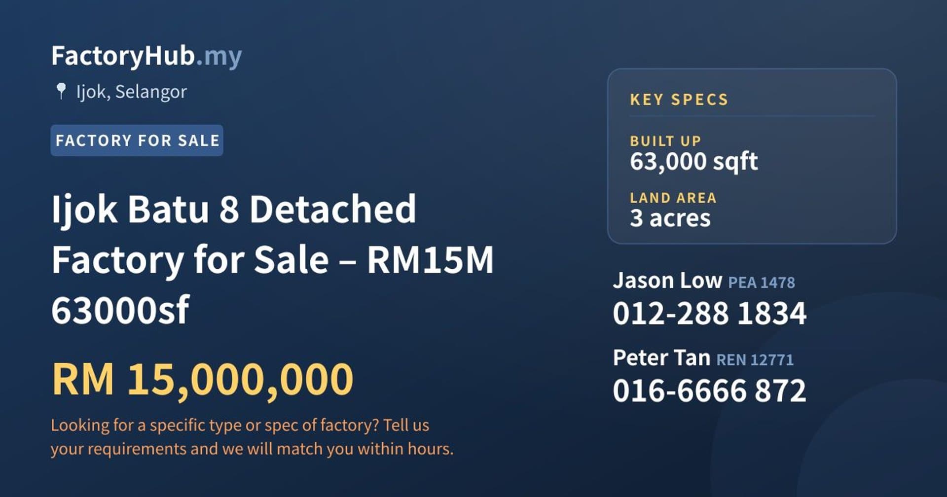 Ijok Batu 8 Detached Factory for Sale – RM15M 63000sf - Property image 1 of 7