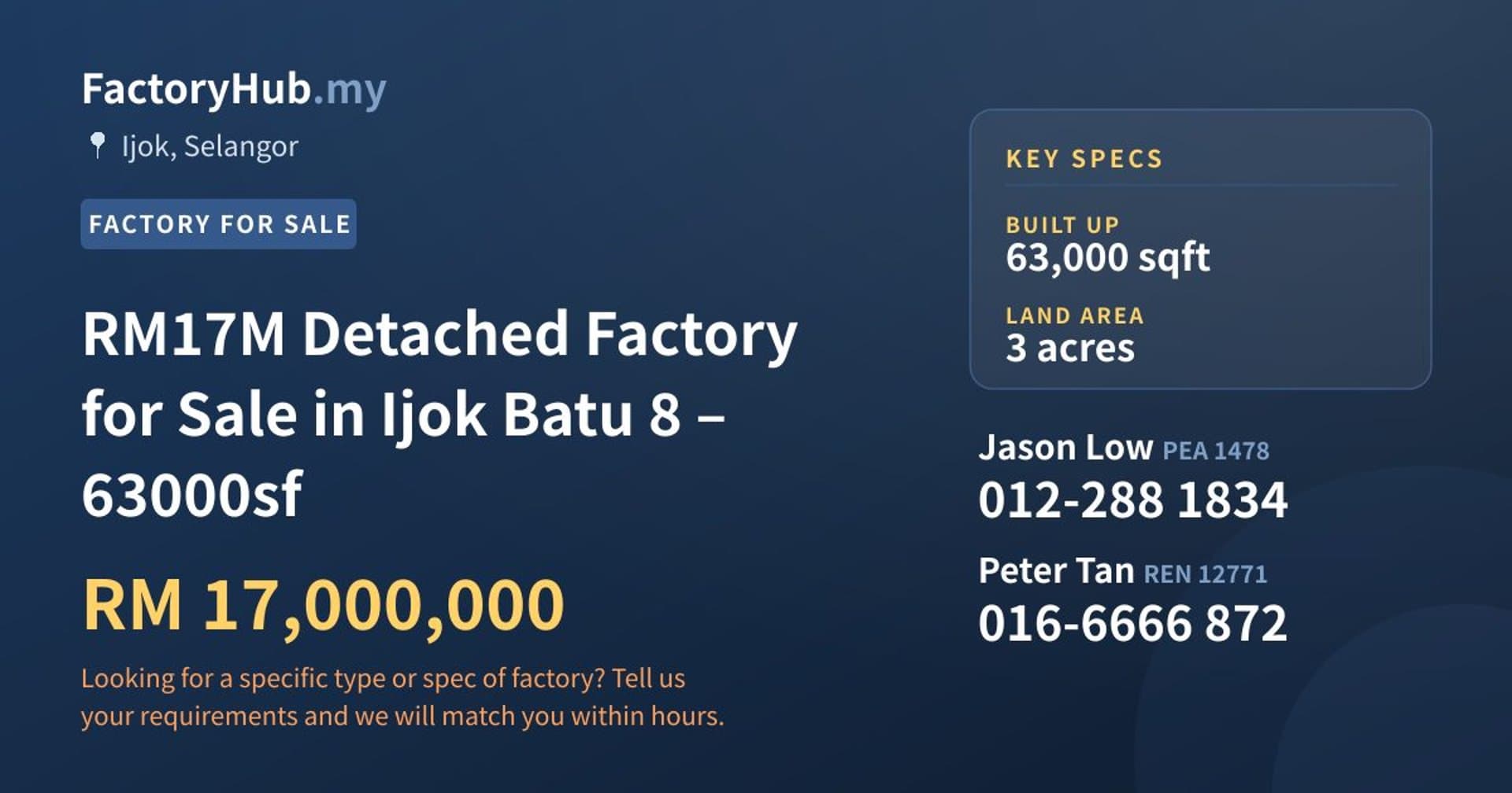 RM17M Detached Factory for Sale in Ijok Batu 8 – 63000sf - Property image 1 of 7