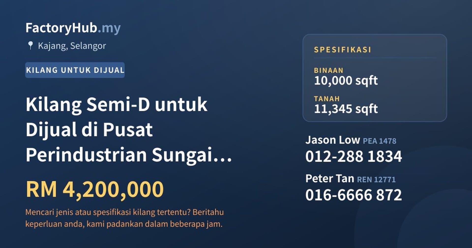 Kilang Semi-D untuk Dijual di Pusat Perindustrian Sungai Chua, Kajang · Imej hartanah 1/2