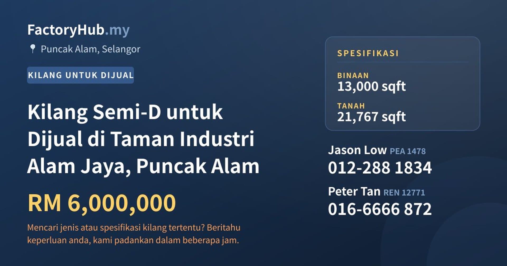 Kilang Semi-D untuk Dijual di Taman Industri Alam Jaya, Puncak Alam · Imej hartanah 1/2