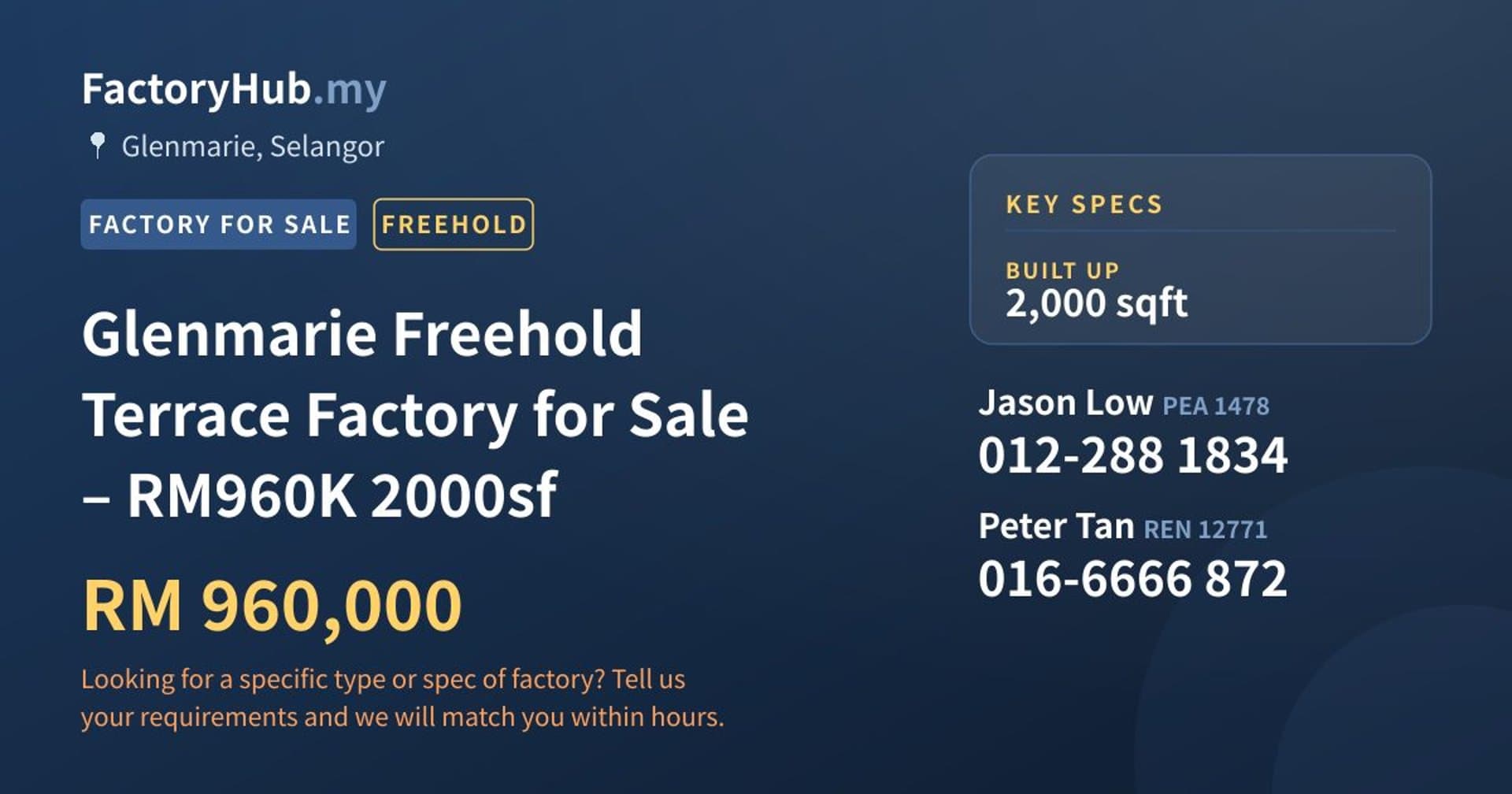 Glenmarie Freehold Terrace Factory for Sale – RM960K 2000sf - Property image 1 of 7