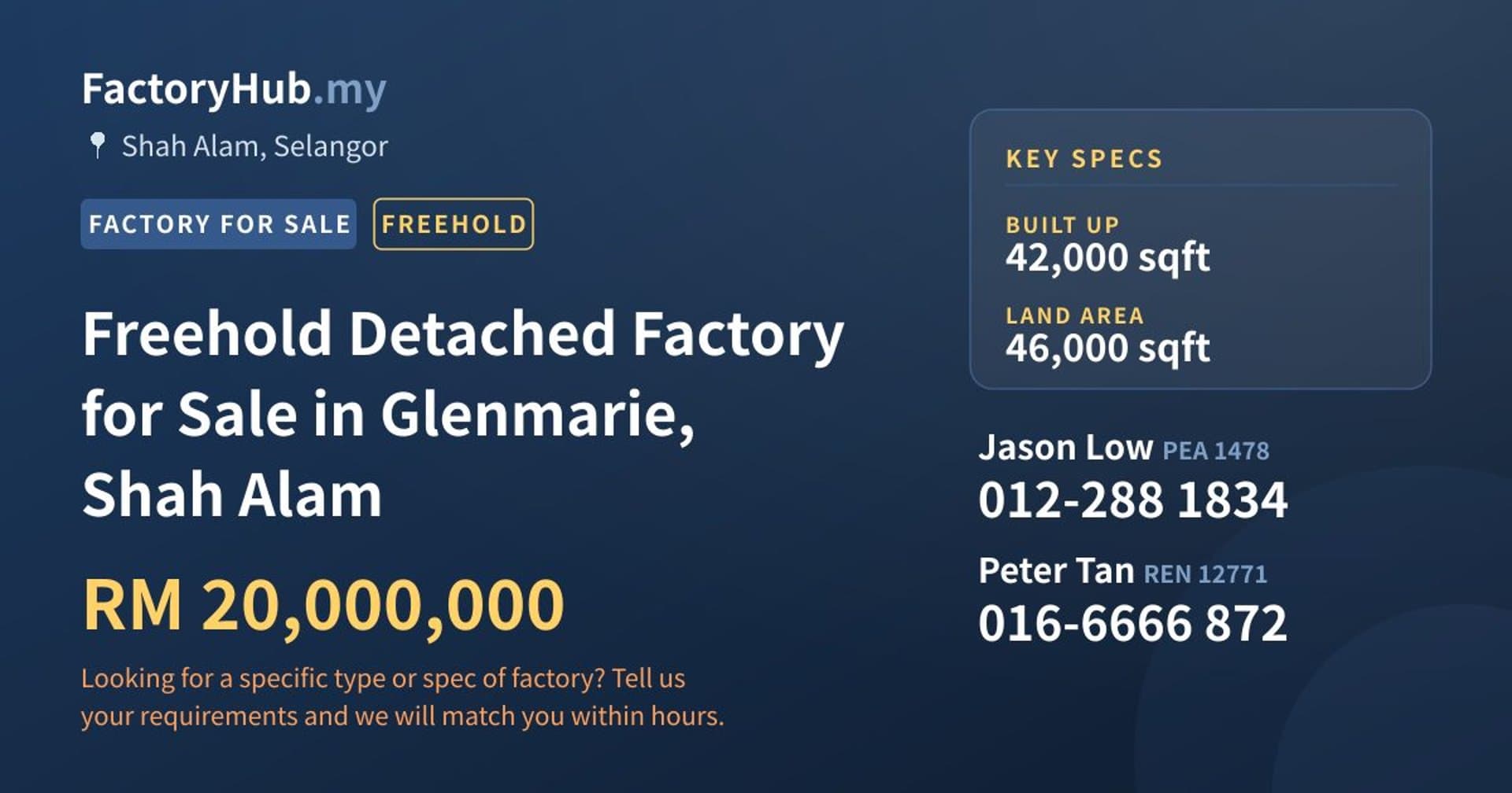 Freehold Detached Factory for Sale in Glenmarie, Shah Alam - Property image 1 of 2