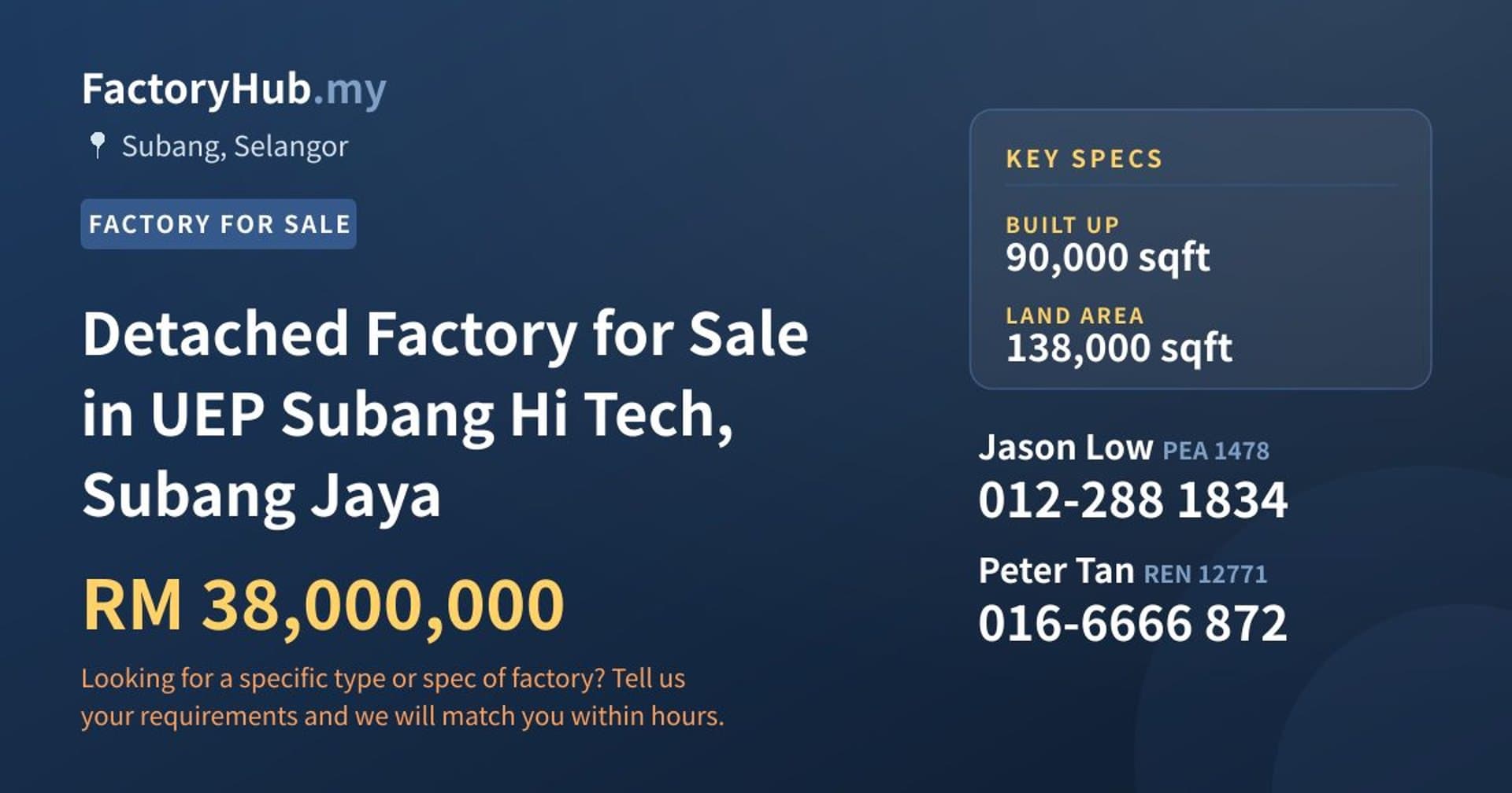 Detached Factory for Sale in UEP Subang Hi Tech, Subang Jaya - Property image 1 of 2