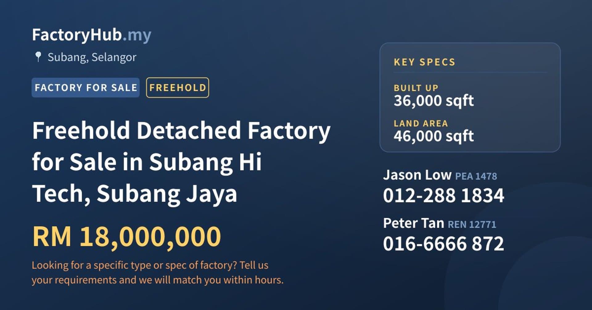 Freehold Detached Factory for Sale in Subang Hi Tech, Subang Jaya - Property image 1 of 2