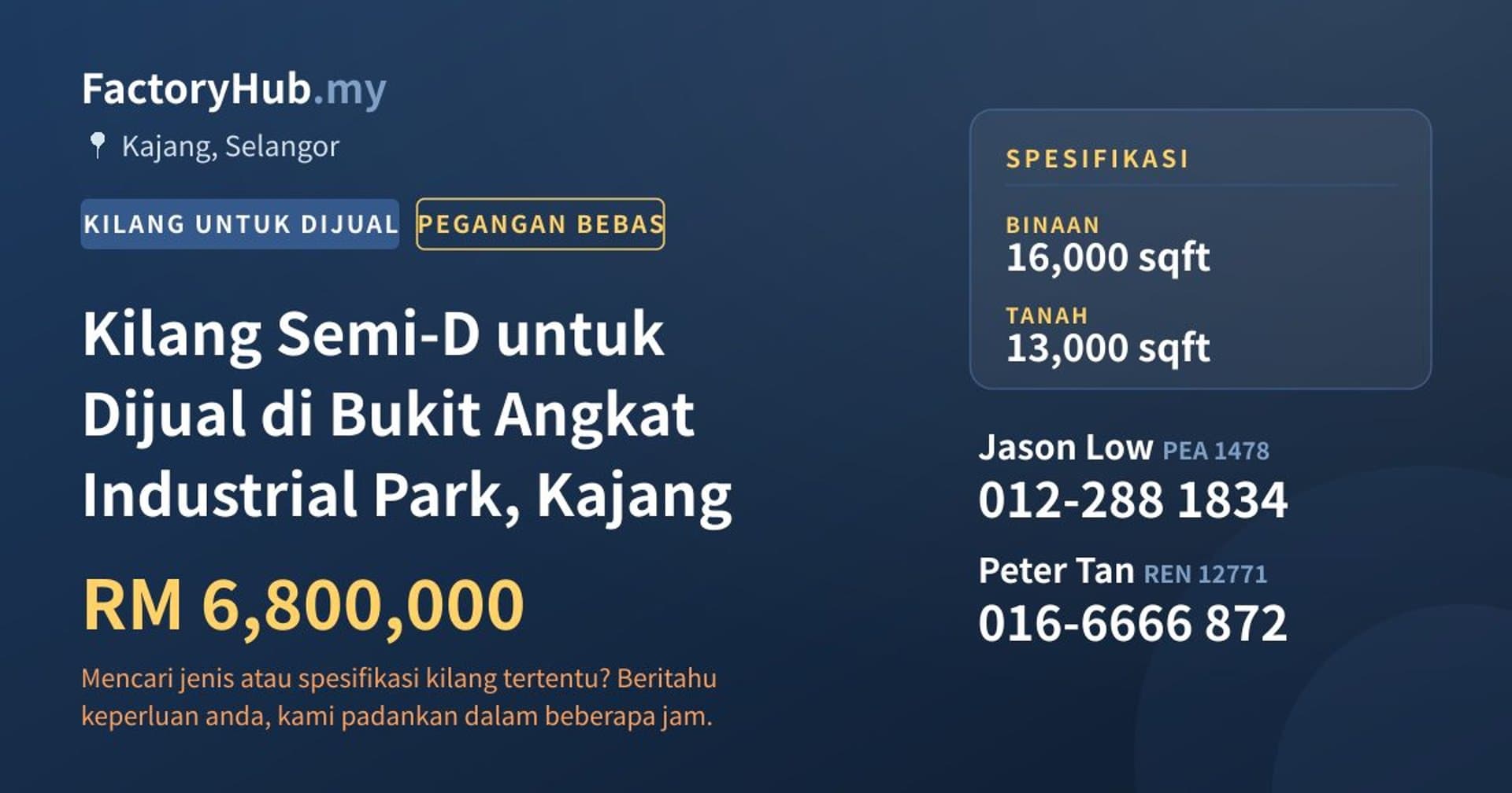 Kilang Semi-D untuk Dijual di Bukit Angkat Industrial Park, Kajang · Imej hartanah 1/2