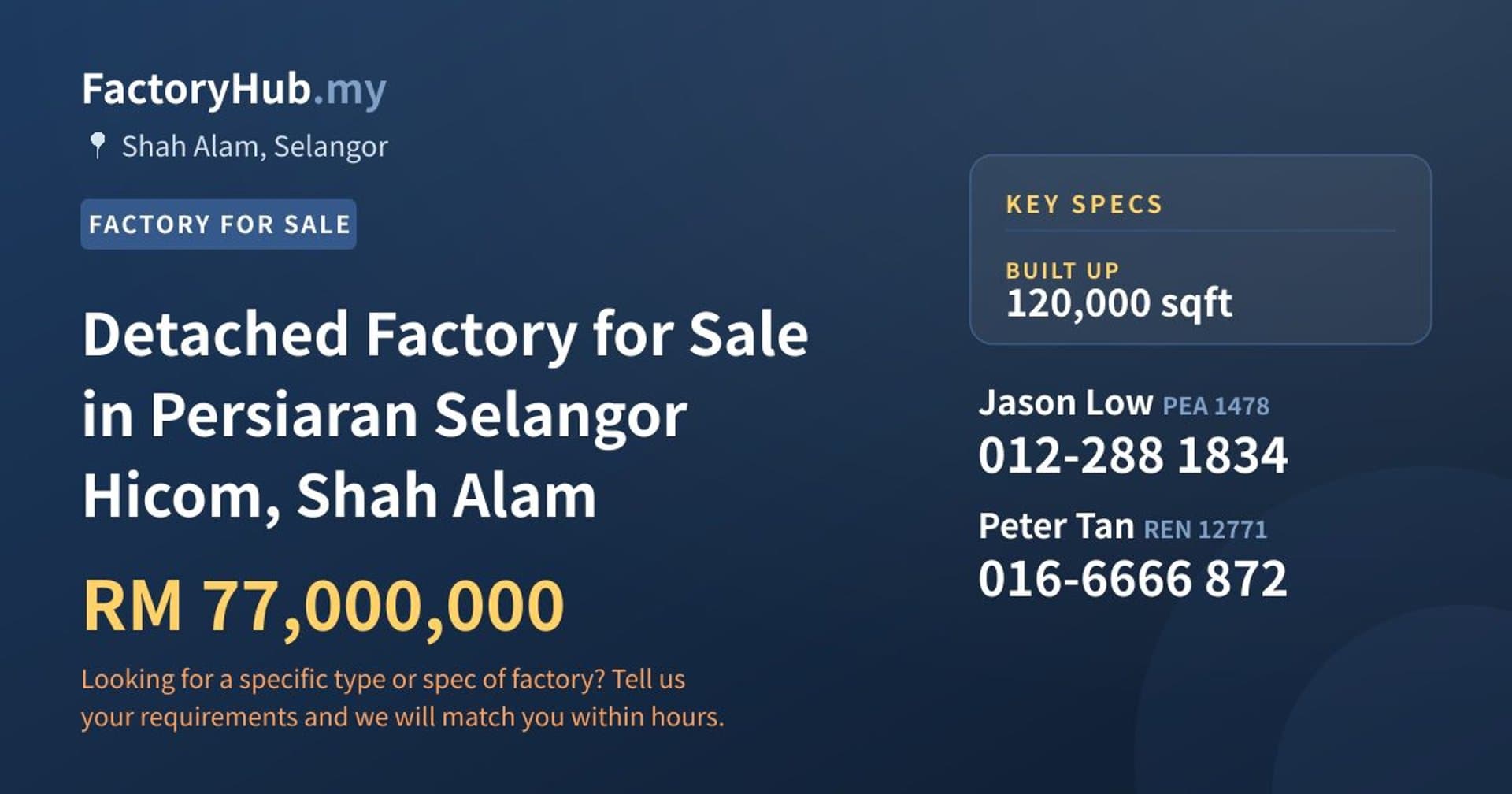 Detached Factory for Sale in Persiaran Selangor Hicom, Shah Alam - Property image 1 of 2