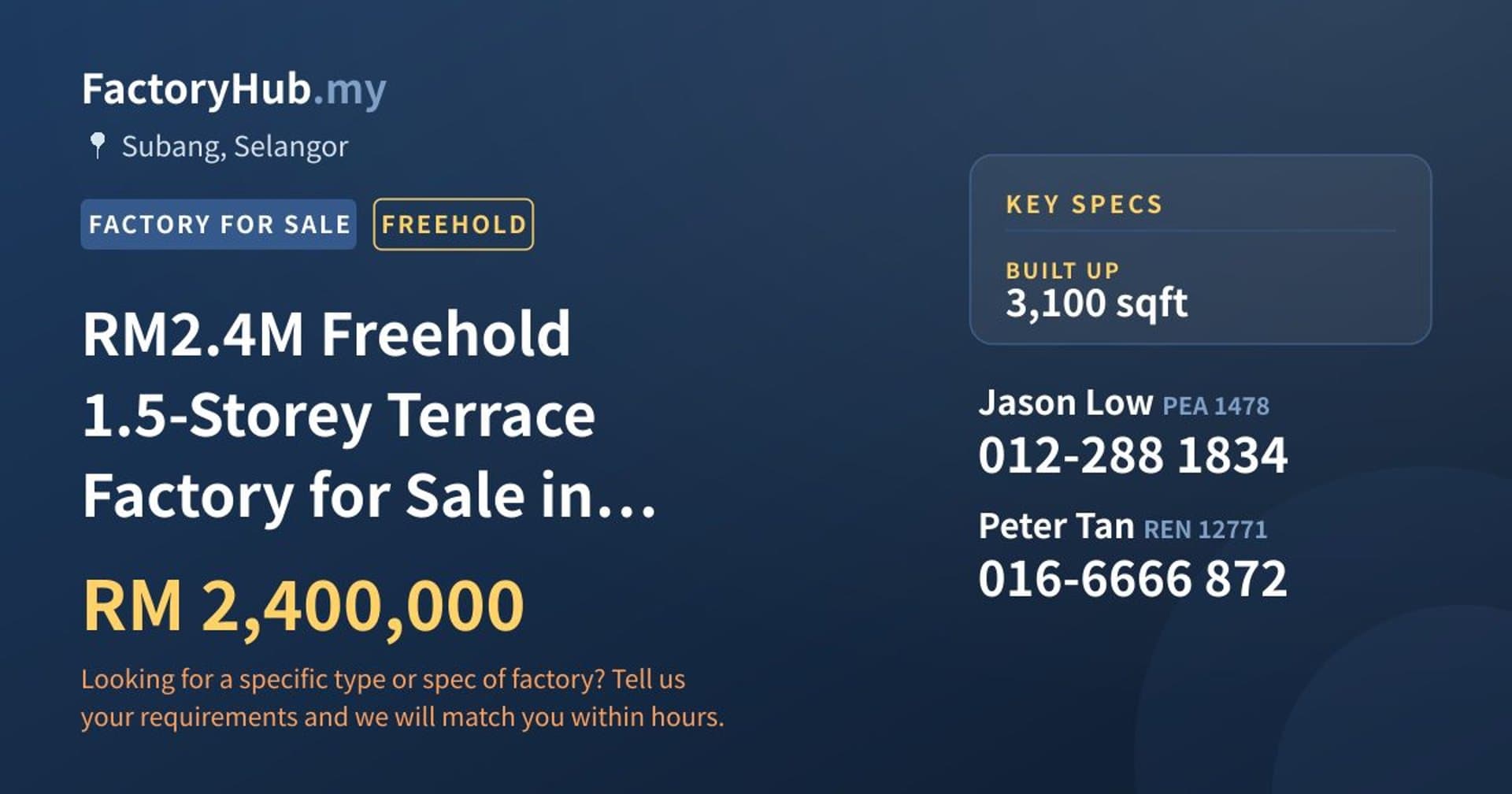 RM2.4M Freehold 1.5-Storey Terrace Factory for Sale in Subang Hi-Tech – 3100sf - Property image 1 of 8