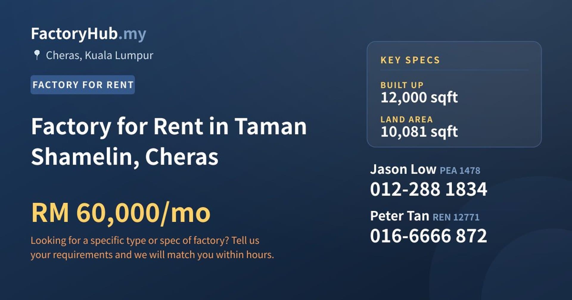 Factory for Rent in Taman Shamelin, Cheras - Property image 1 of 2