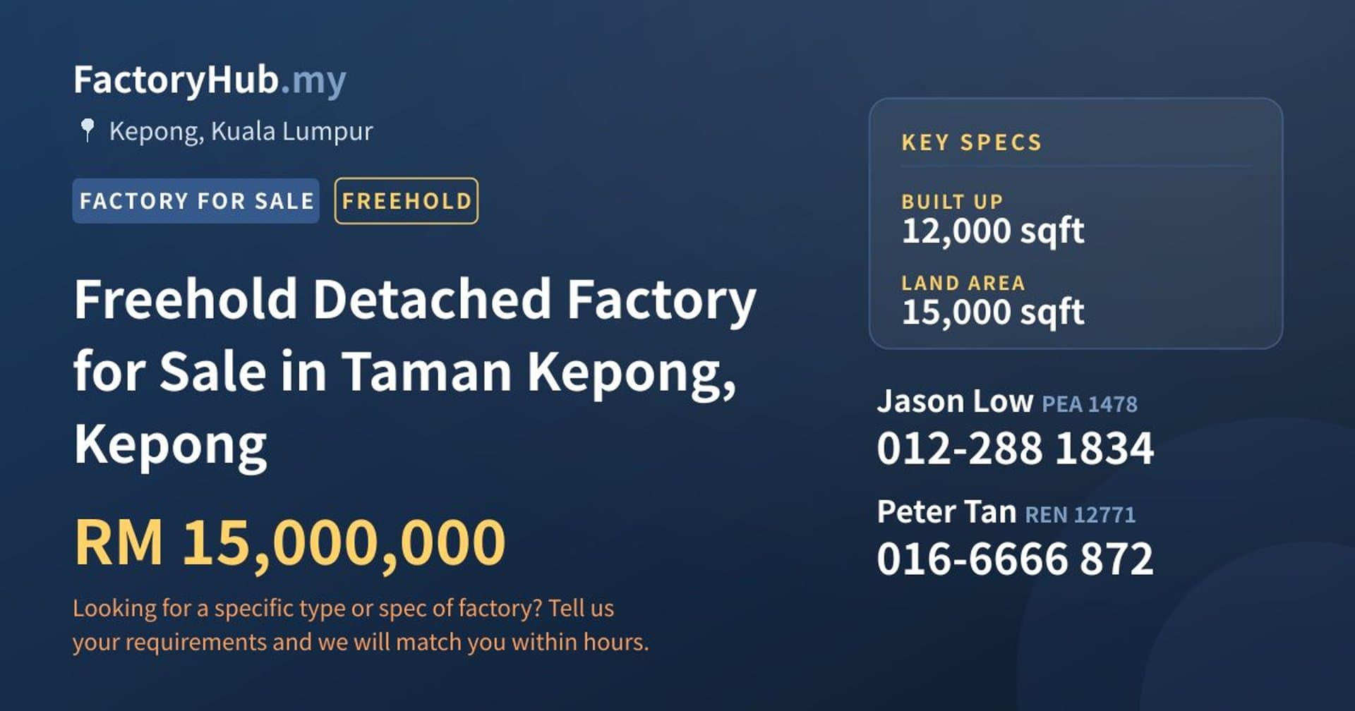 Freehold Detached Factory for Sale in Taman Kepong, Kepong - Property image 1 of 2