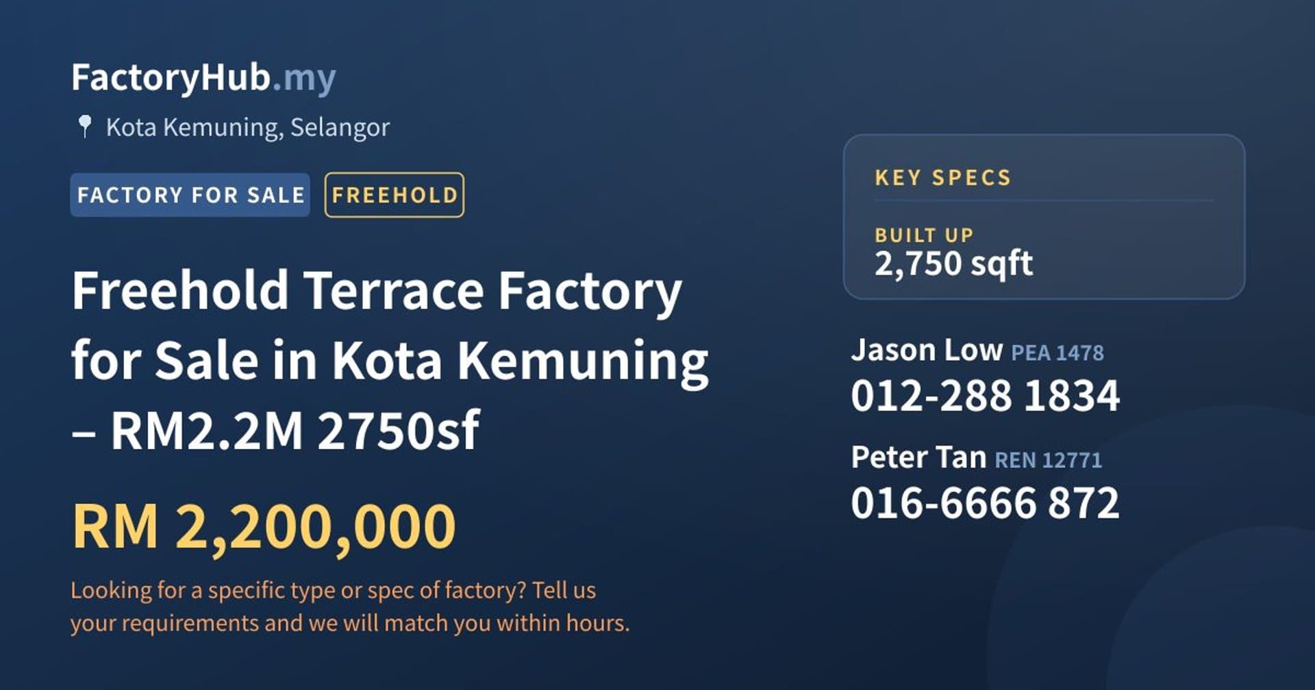 Freehold Terrace Factory for Sale in Kota Kemuning – RM2.2M 2750sf - Property image 1 of 6