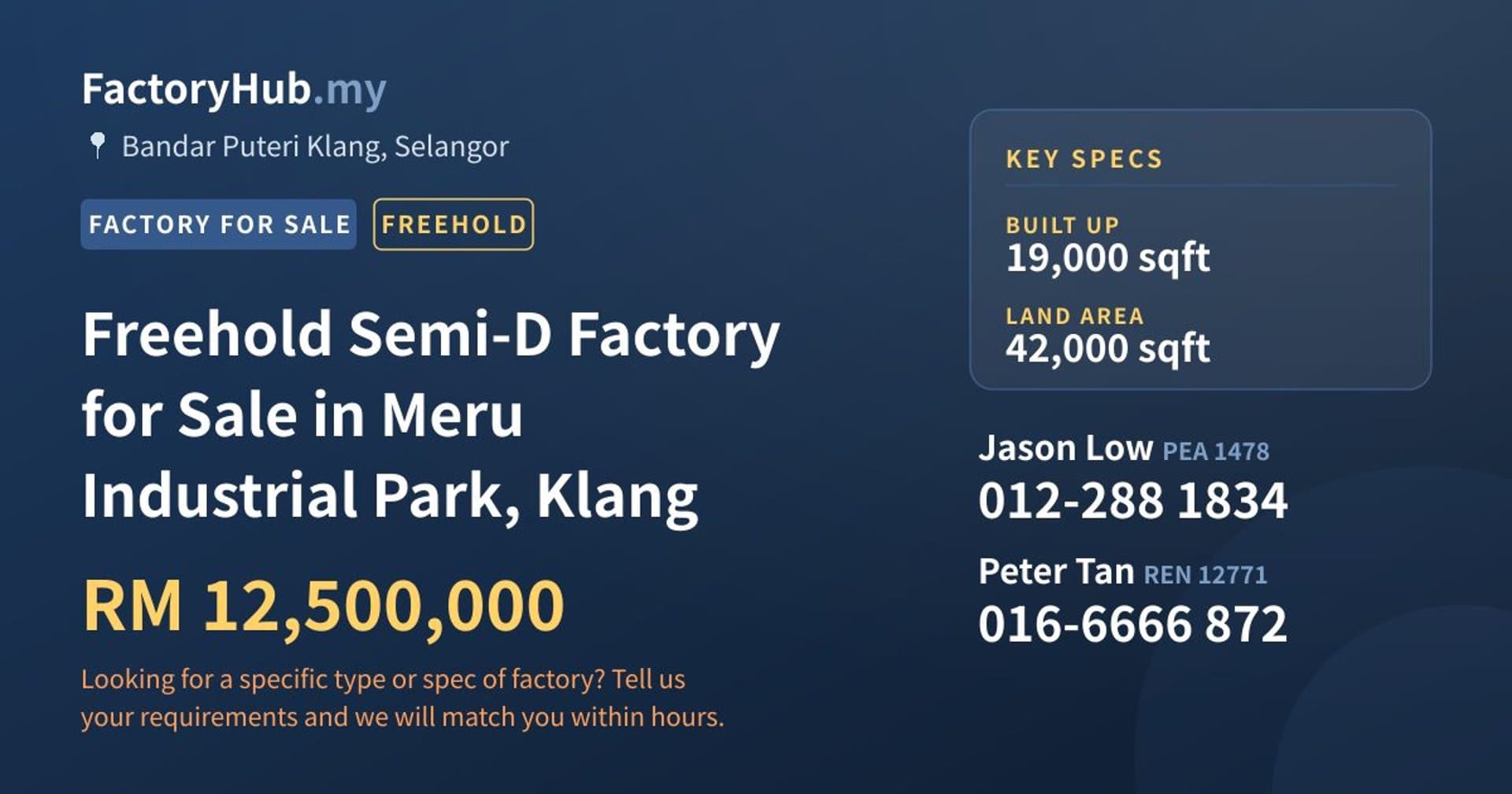 Freehold Semi-D Factory for Sale in Meru Industrial Park, Klang - Property image 1 of 2