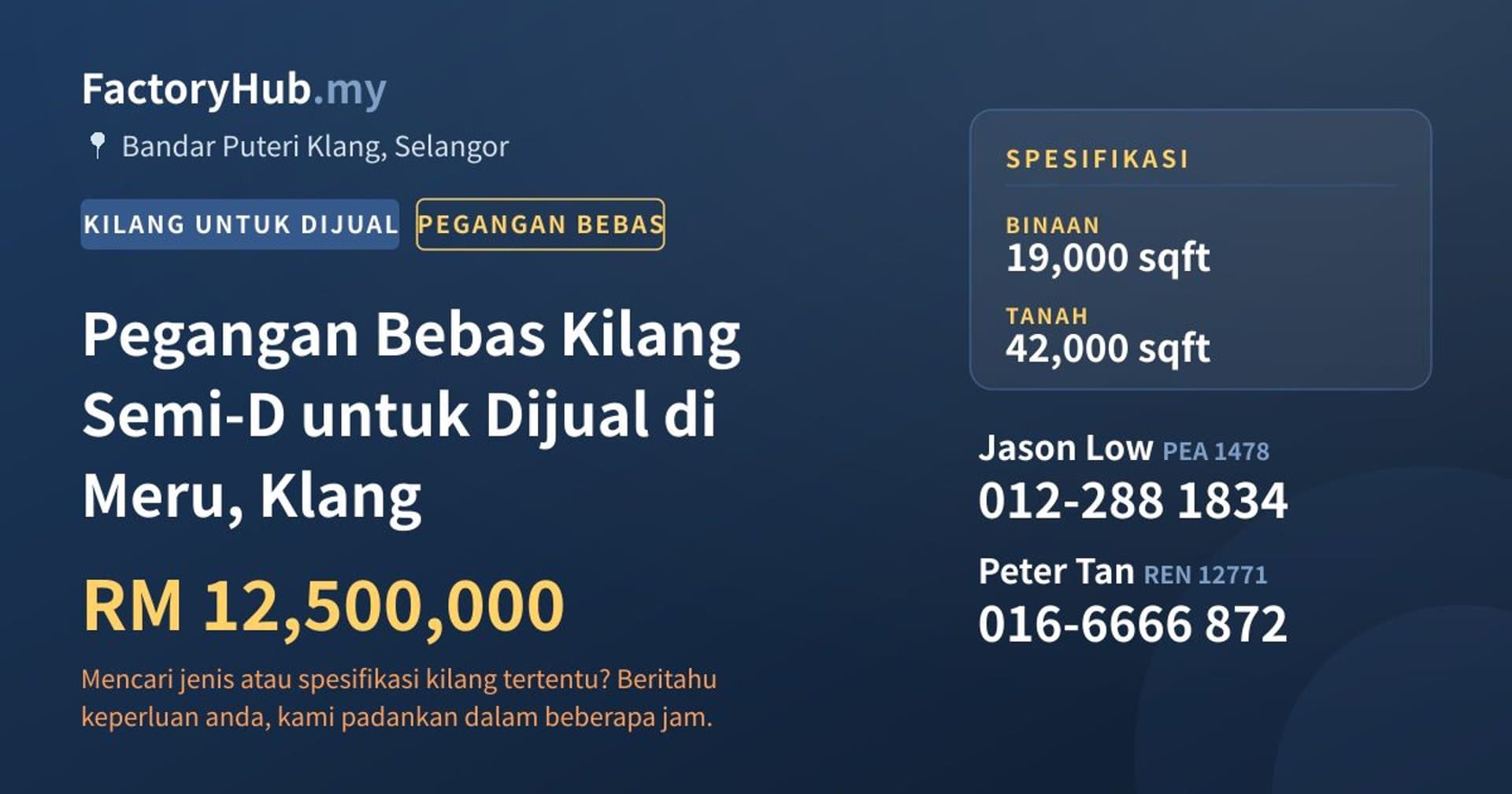 Pegangan Bebas Kilang Semi-D untuk Dijual di Meru, Klang · Imej hartanah 1/2