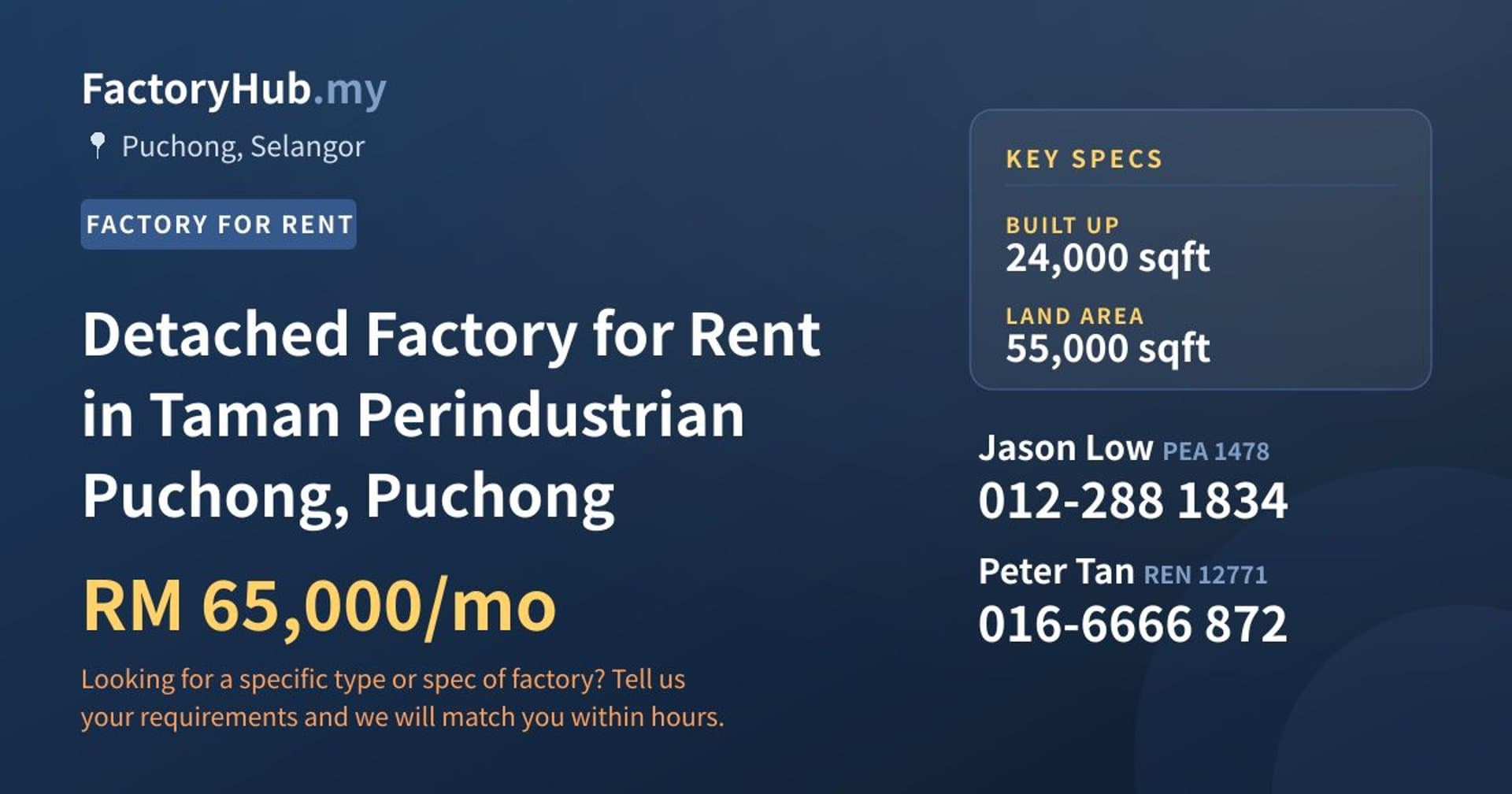 Detached Factory for Rent in Taman Perindustrian Puchong, Puchong - Property image 1 of 2
