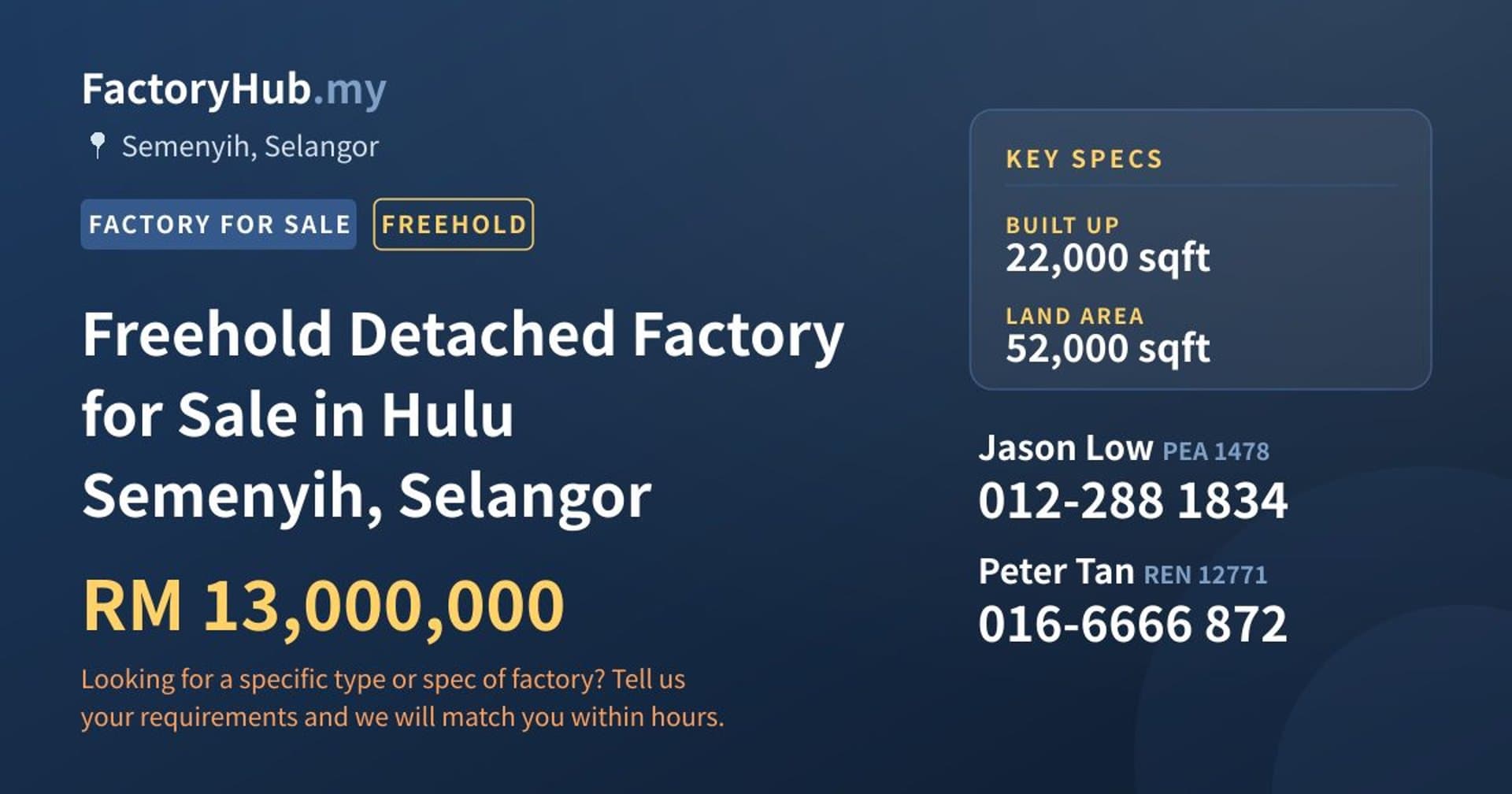 Freehold Detached Factory for Sale in Hulu Semenyih, Selangor - Property image 1 of 2