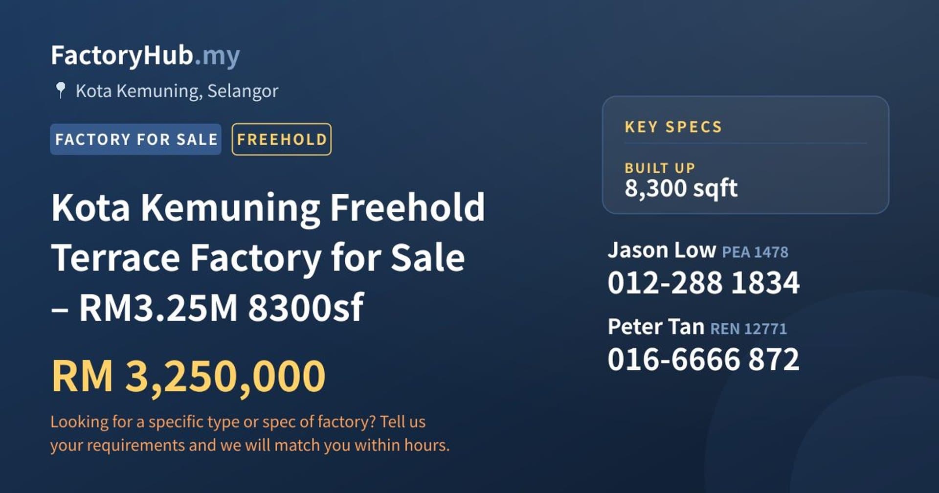 Kota Kemuning Freehold Terrace Factory for Sale – RM3.25M 8300sf - Property image 1 of 7