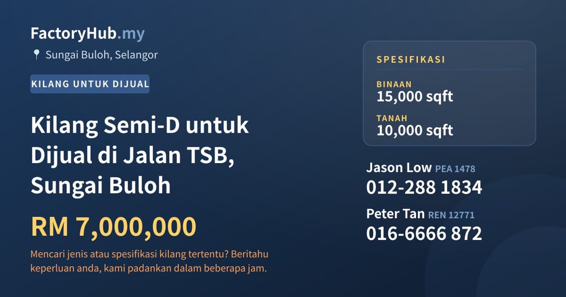 Kilang Semi-D untuk Dijual di Jalan TSB, Sungai Buloh · Imej hartanah 1/2