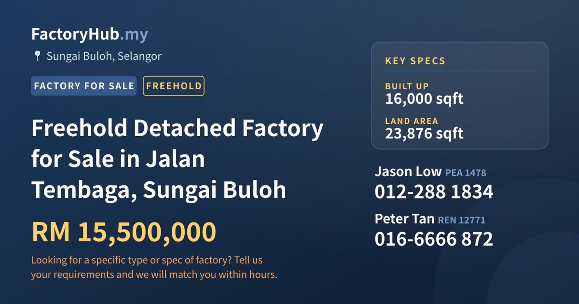 Freehold Detached Factory for Sale in Jalan Tembaga, Sungai Buloh - Property image 1 of 2