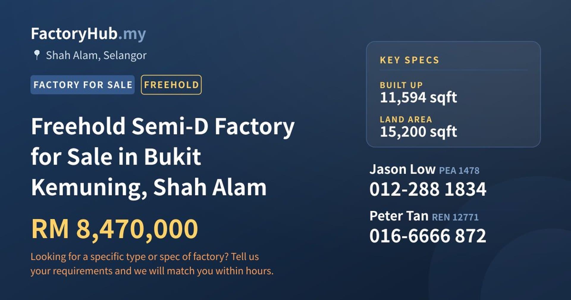 Freehold Semi-D Factory for Sale in Bukit Kemuning, Shah Alam - Property image 1 of 2