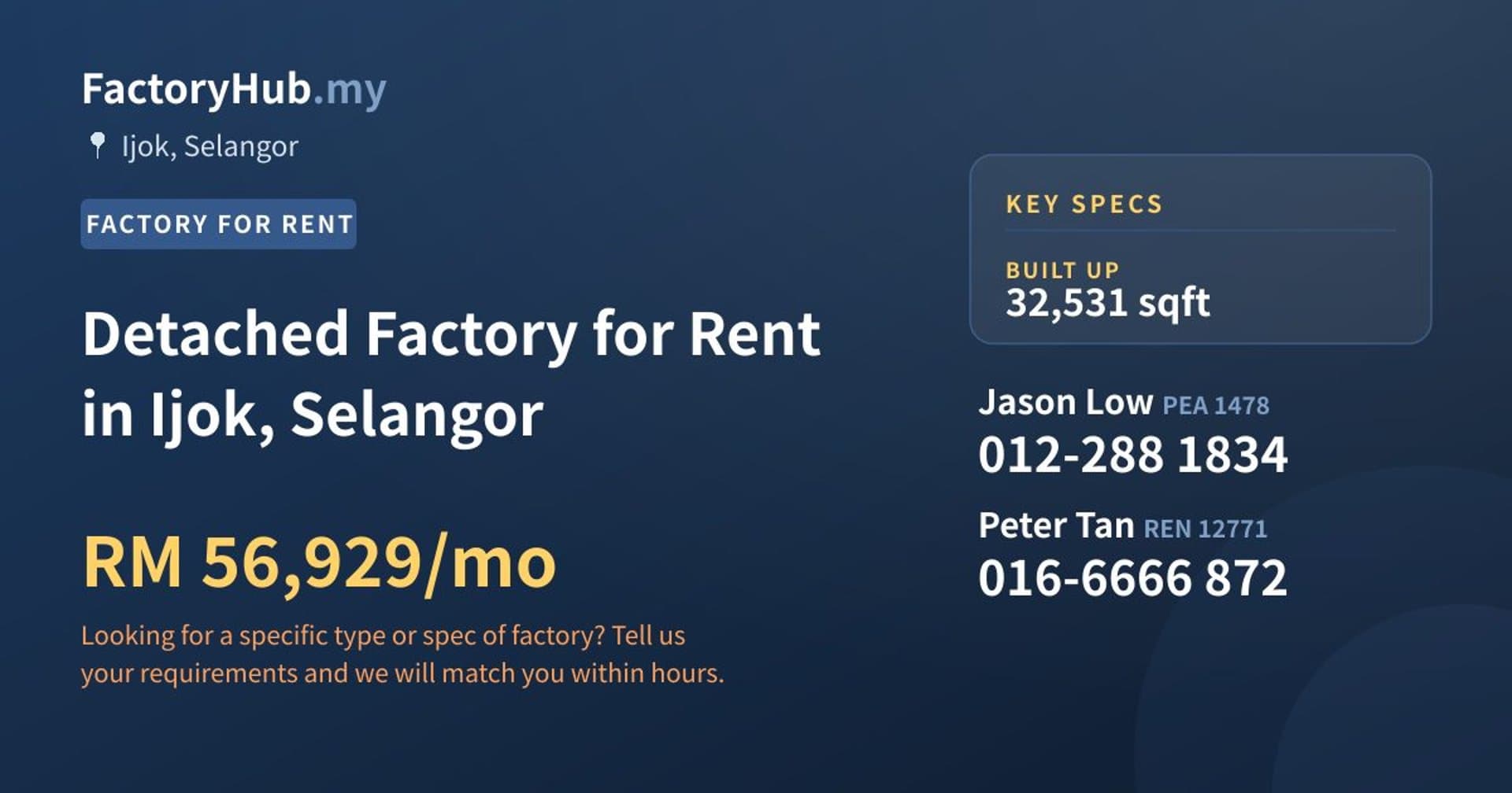 Detached Factory for Rent in Ijok, Selangor - Property image 1 of 2