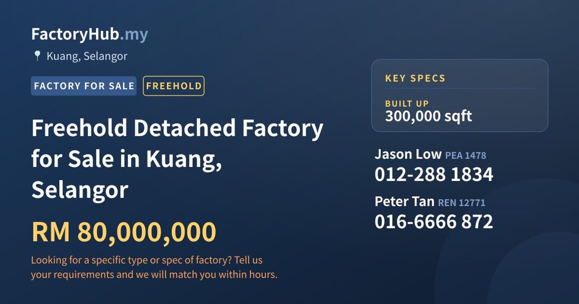 Freehold Detached Factory for Sale in Kuang, Selangor - Property image 1 of 2