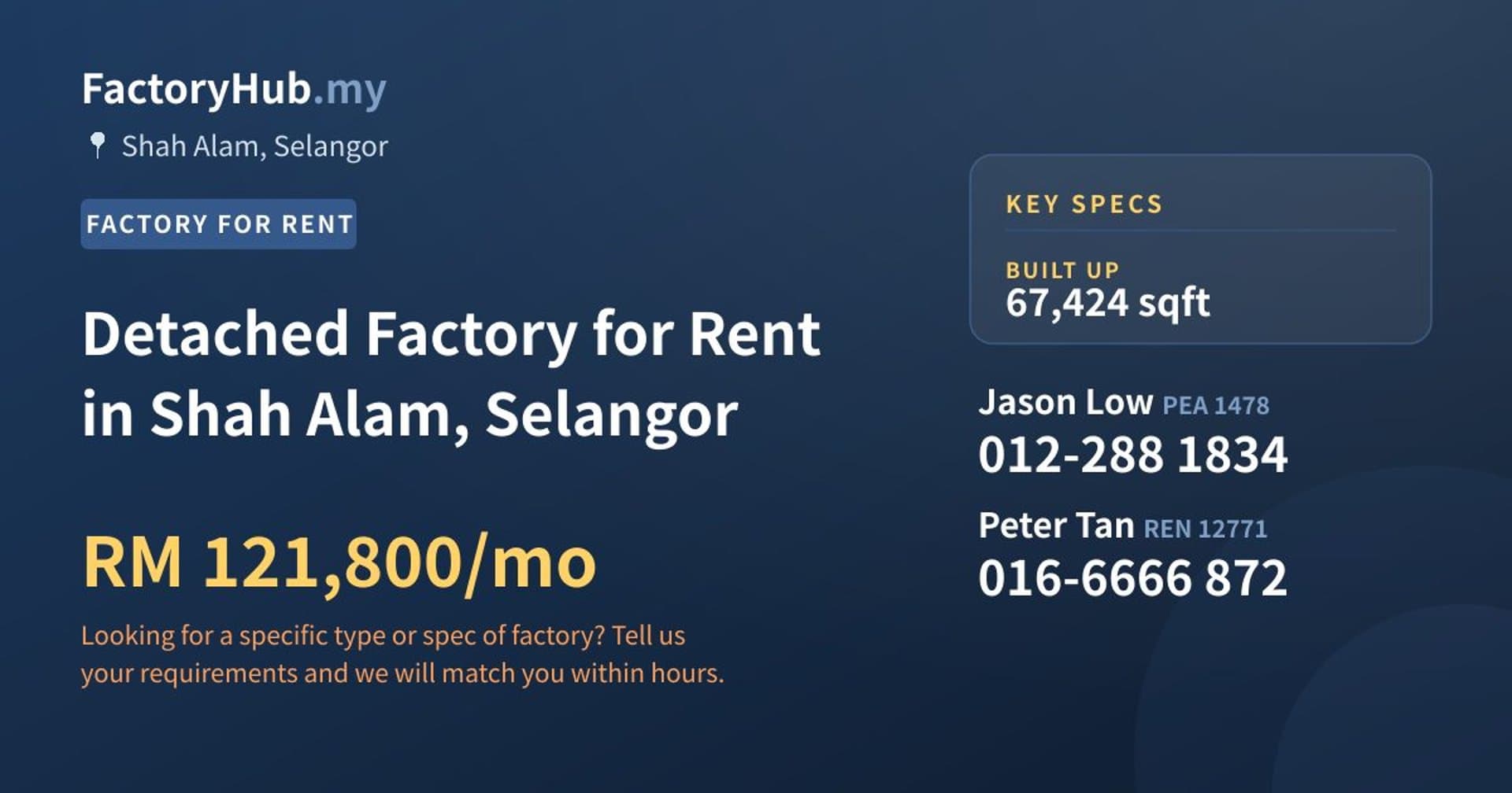 Detached Factory for Rent in Shah Alam, Selangor - Property image 1 of 2