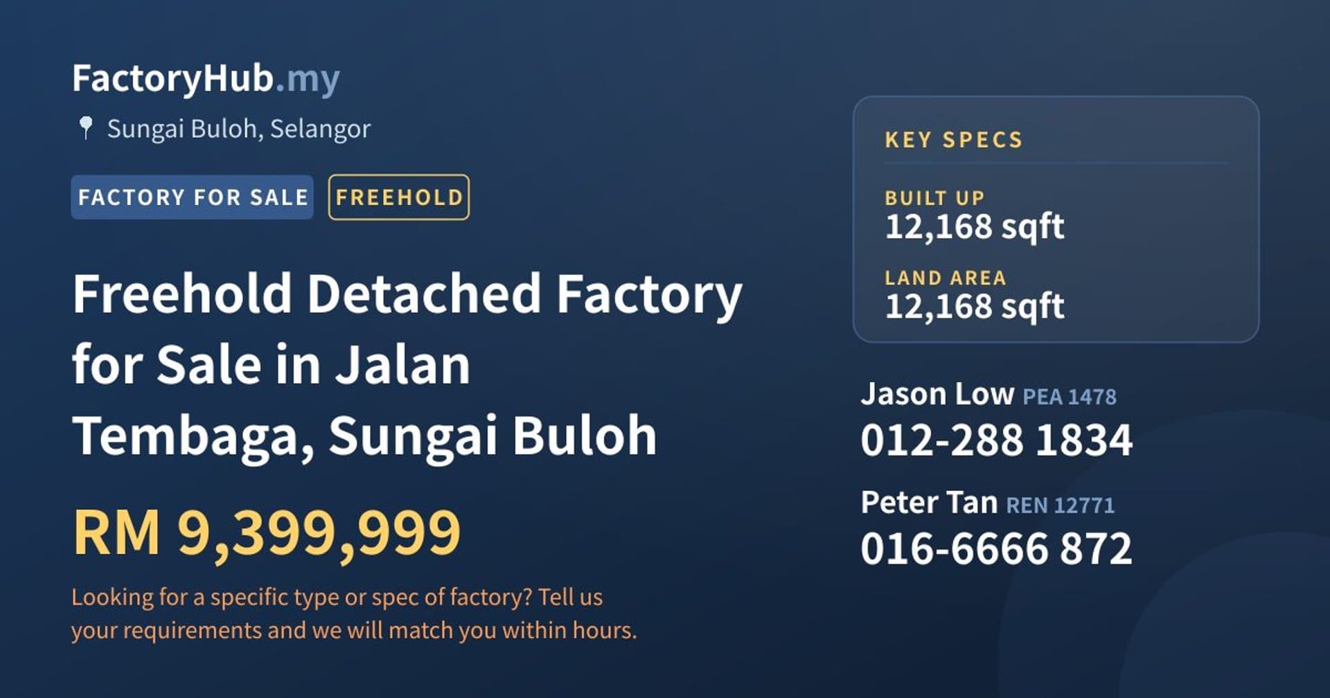 Freehold Detached Factory for Sale in Jalan Tembaga, Sungai Buloh - Property image 1 of 2