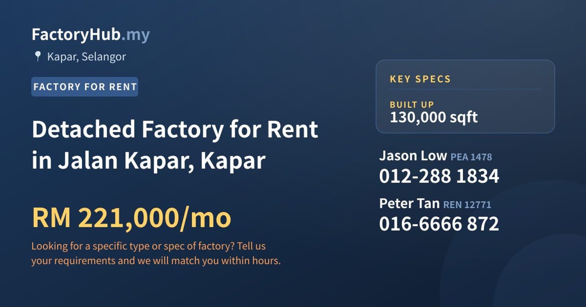 Detached Factory for Rent in Jalan Kapar, Kapar - Property image 1 of 2