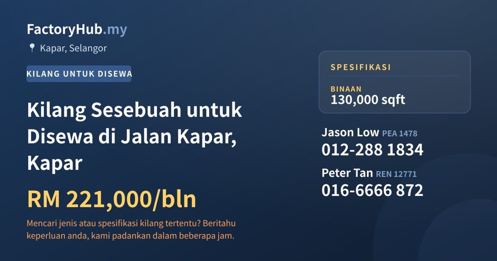 Kilang Sesebuah untuk Disewa di Jalan Kapar, Kapar · Imej hartanah 1/2
