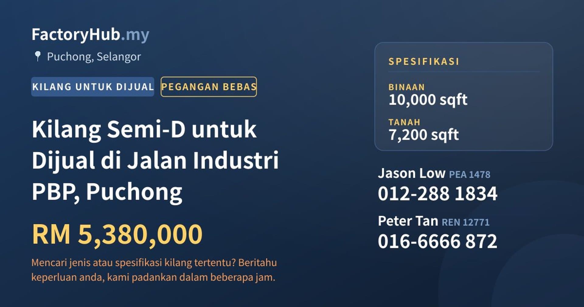Kilang Semi-D untuk Dijual di Jalan Industri PBP, Puchong · Imej hartanah 1/2