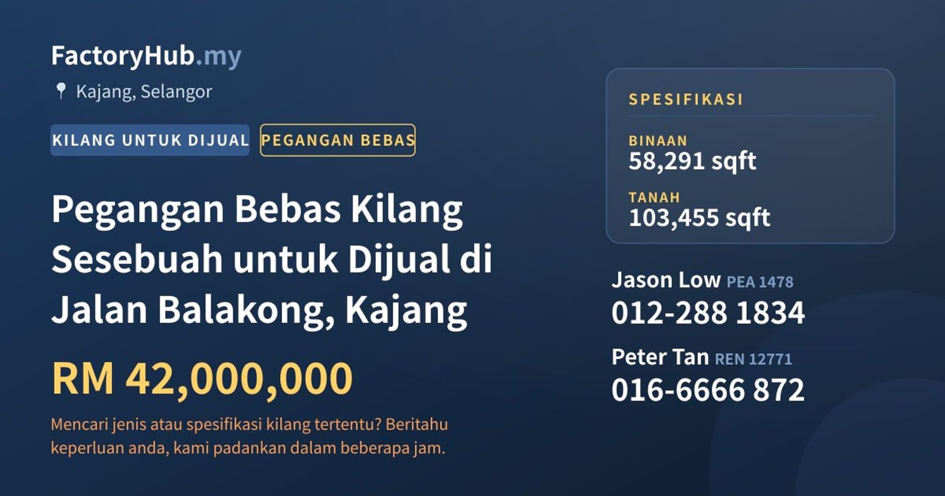 Pegangan Bebas Kilang Sesebuah untuk Dijual di Jalan Balakong, Kajang · Imej hartanah 1/2