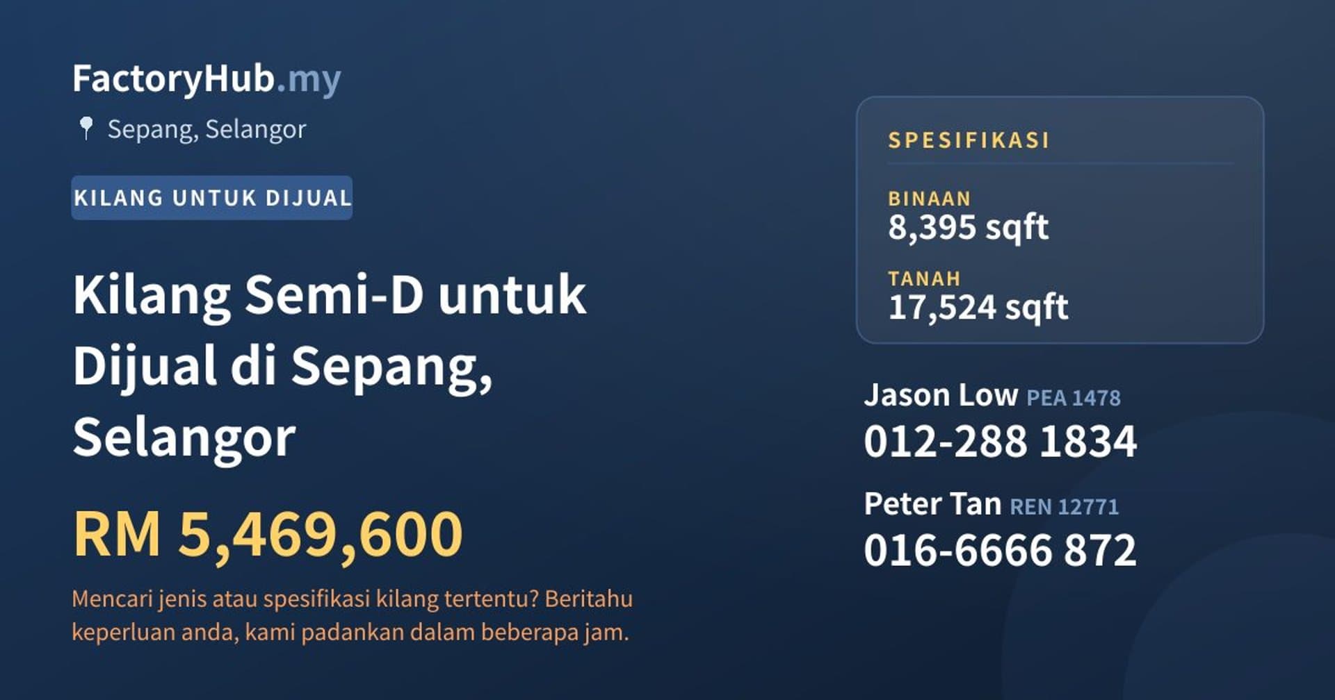 Kilang Semi-D untuk Dijual di Sepang, Selangor · Imej hartanah 1/2
